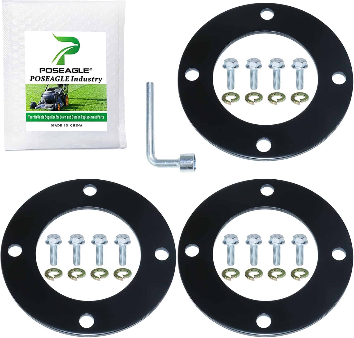 3 Pack Upgraded High-Strength Deck Spindle Reinforcement Rings with Mouting Bolts and L Shaped Angled Hex Socket Wrench for John Deere All Series Lawn Tractors and Lawn Mowers