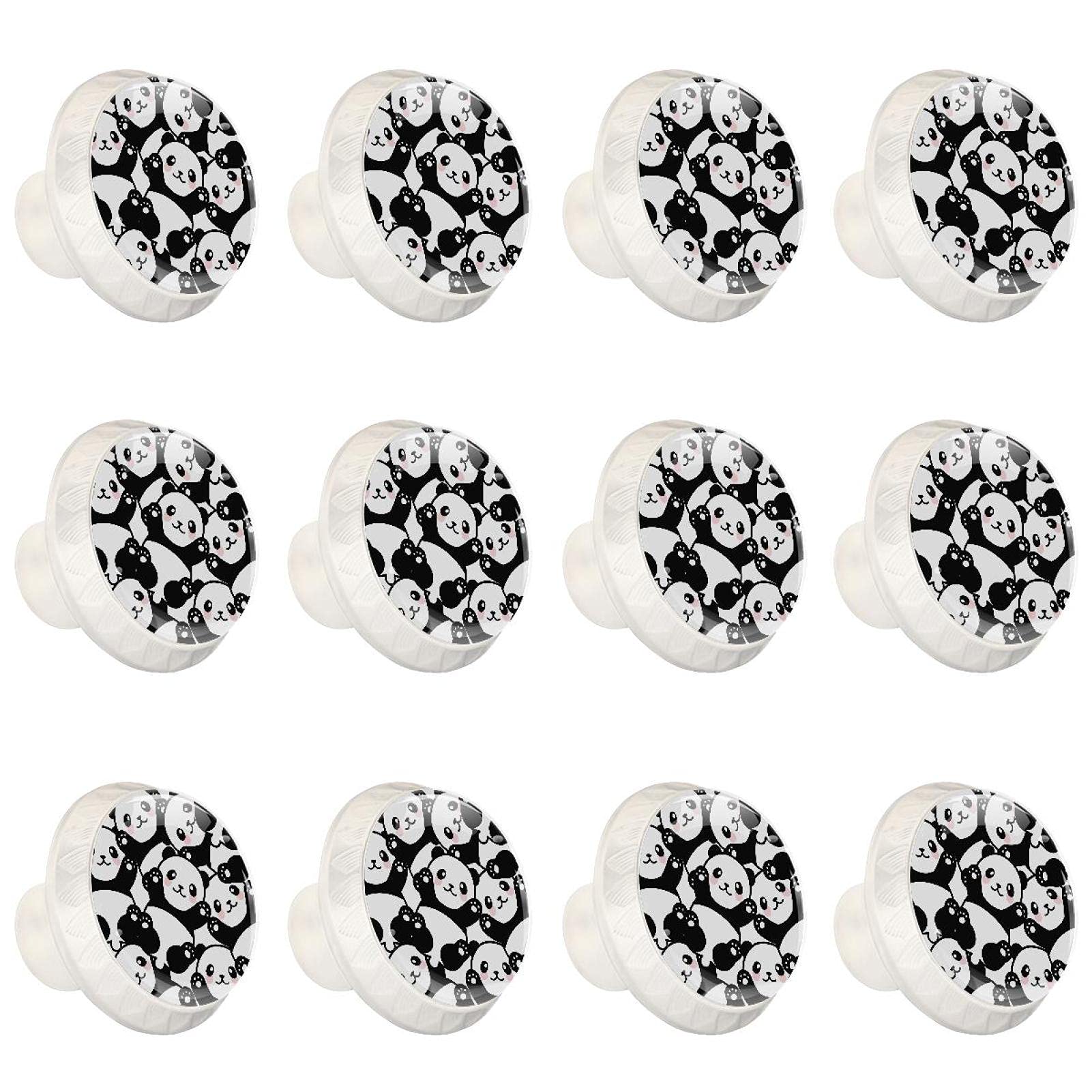 Lot de 12 poignées de tiroir rondes en forme de panda Noir/blanc