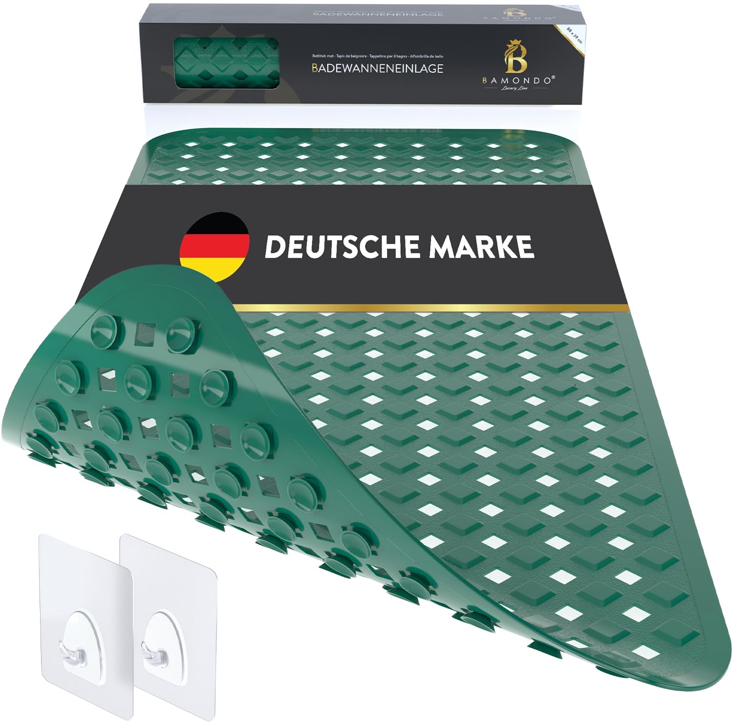 BAMONDO Bath Mat Non-Slip & Skin Sensitive (Dark Green) - 88 x 39 cm - Machine Washable | Mould-Free | BPA Free - Non-Slip Mat for Bathtub with Suction Cups