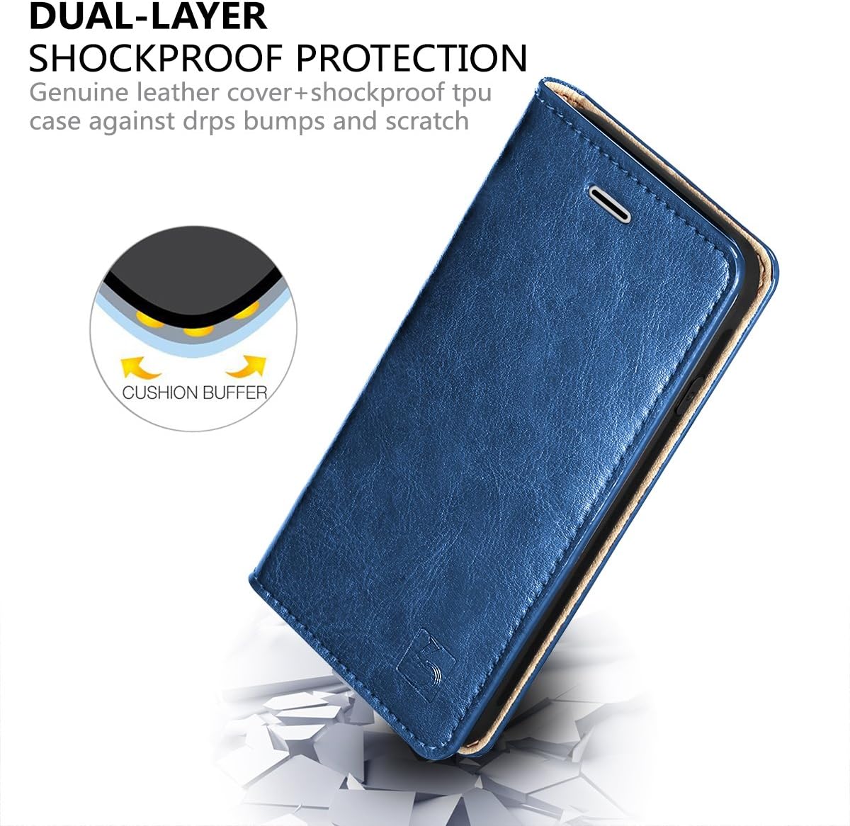 Belemay Compatible with iPhone 8 Wallet Case, Compatible with iPhone 8 Case, Genuine Cowhide Leather Flip Case Folio Cover [Durable Soft TPU Inner Case] Card Holder Slots, Kickstand, Cash Pocket, Blue