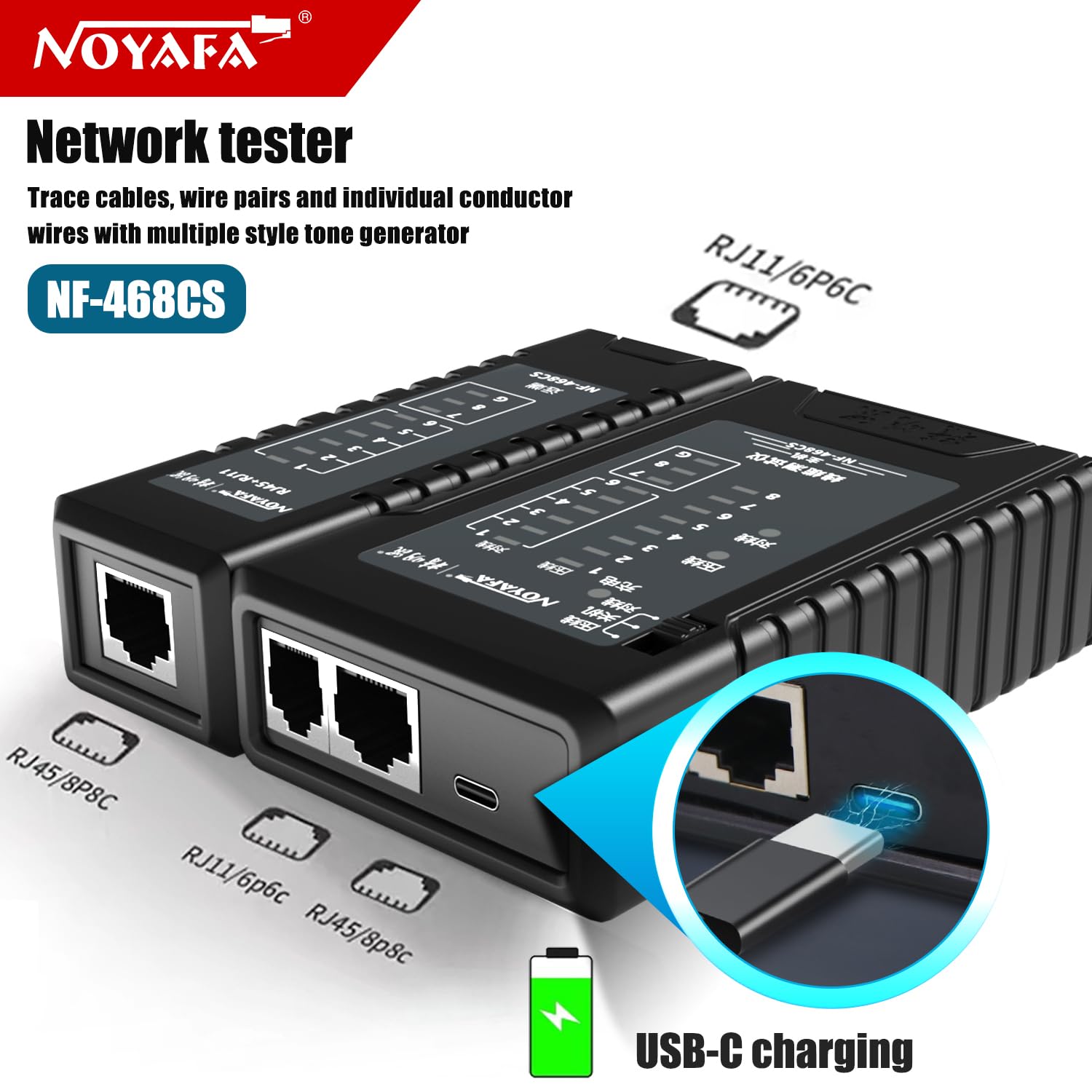 NOYAFA Testeur de câble réseau pour RJ45, RJ11, RJ12/Cat5, Cat5e, Cat6, Cat6a, Cat7, Phone Line Cat3, Ethernet, outil de test de câble LAN (noir)