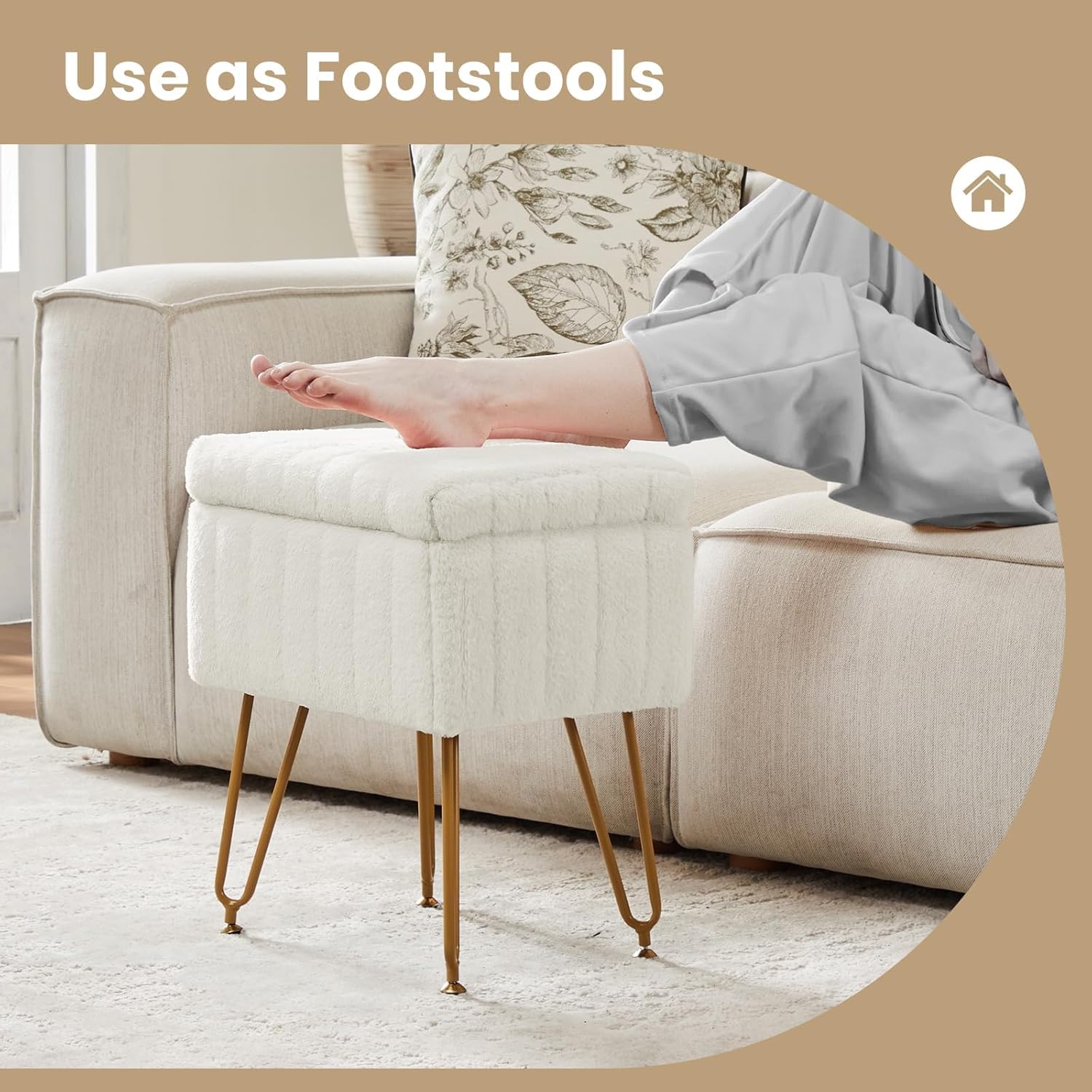 DUMOS Vanity Stool Chair Ottoman with Storage, Makeup Cute Soft Small Footstool Modern Style Faux Fur Seat with 4 Metal Legs & Adjustable Feet for Dressing Living Room Bedroom Dorm