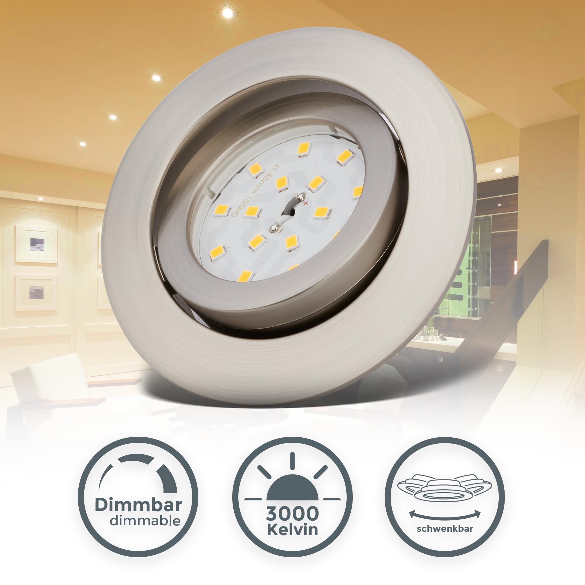 B.K.Licht - 5er Set LED Einbaustrahler 230V dimmbar in Stufen, schwenkbar, Lochdurchmesser 68mm, LED Spot, flach, Deckenspots, Spots, Einbauleuchten, Einbauspots, 82x28 mm, Matt-Nickel