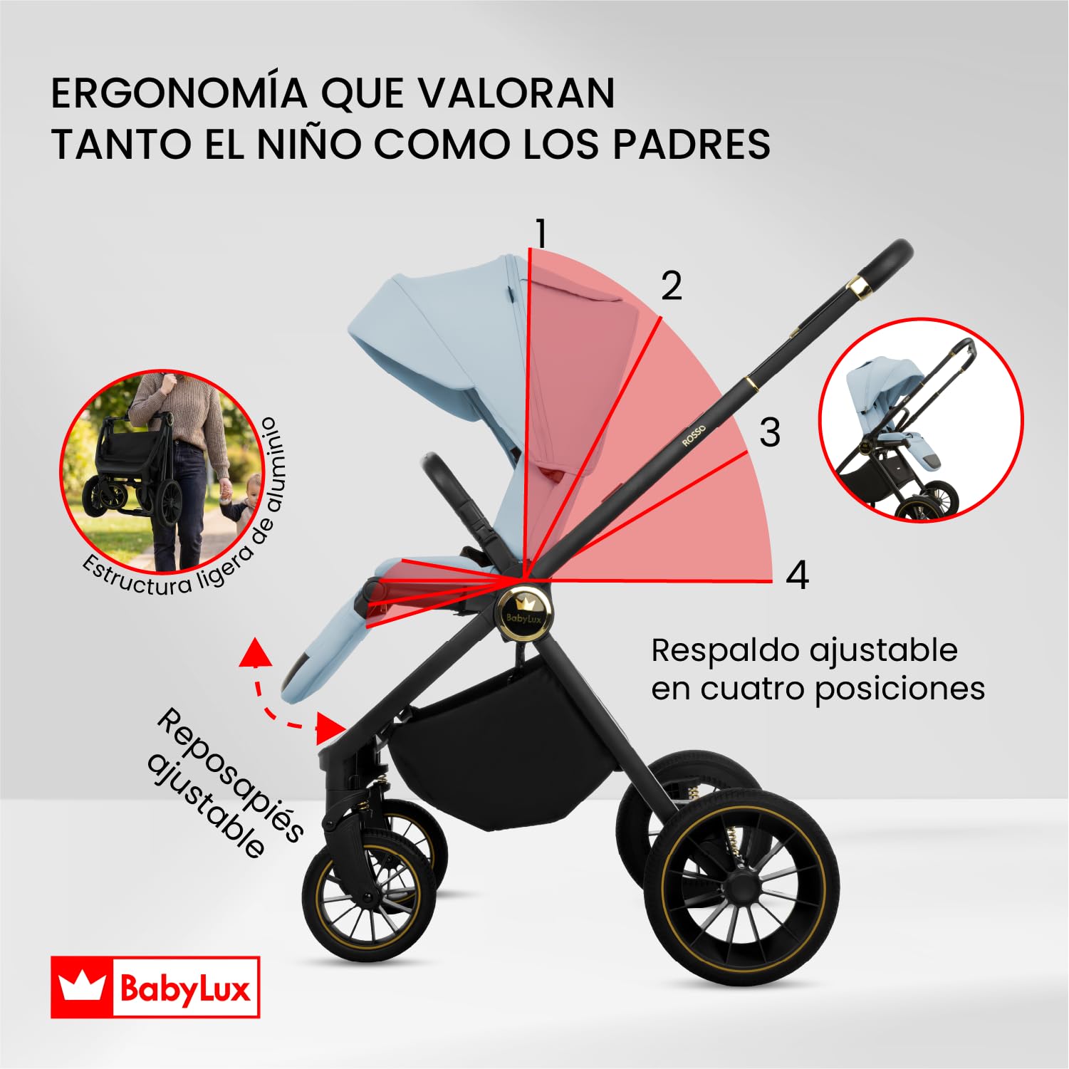 BabyLux® Carrito Bebe 2en1 ROSSO, Conjunto de Cochecito Ligero y Plegable Que Incluye Capazo, Silla de Paseo, Bolso Cambiador y Más Accesorios, 4 Posiciones de Reclinado, 0-22kg, Protección UV 50+