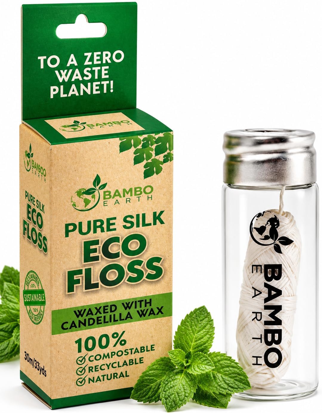 Biodegradable Mint Dental Tooth Lace Floss With Refillable & Reusable Glass Holder - 100% Organic Natural and Compostable Teeth Silk Spool Waxed With Candelilla Wax & Eco-Friendly Zero Waste Packaging