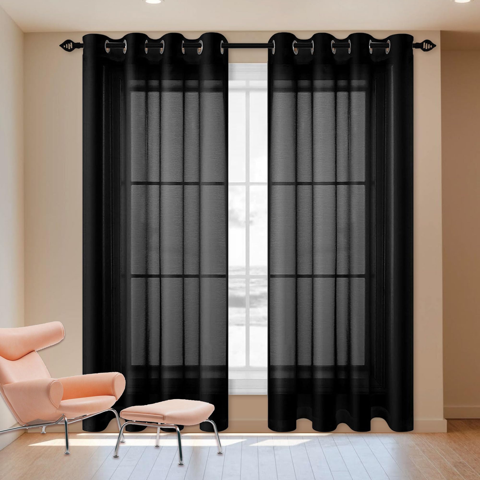 Firana Gotowa Woalowa 500 x 310 cm Z Tunelem Firanka Dekoracyjna Jakości Glamour Do Okien, Sypialni, Salonu, Czarny