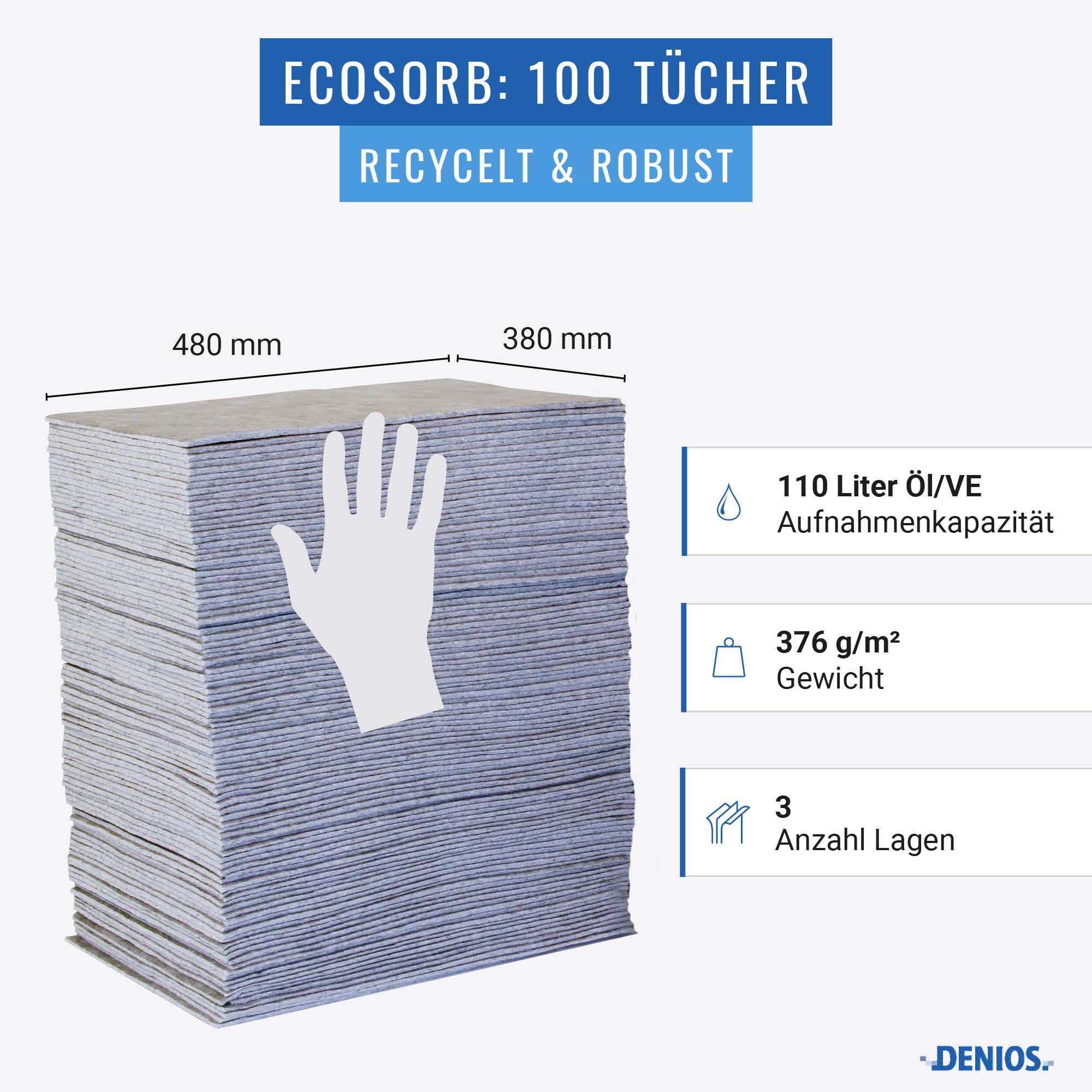 DENSORB EcoSorb Bindevliesmatten, Ölbindemittel Ausführ. Universal, aus recycelter Zellulose, 38 x 48 cm, 100 Stück