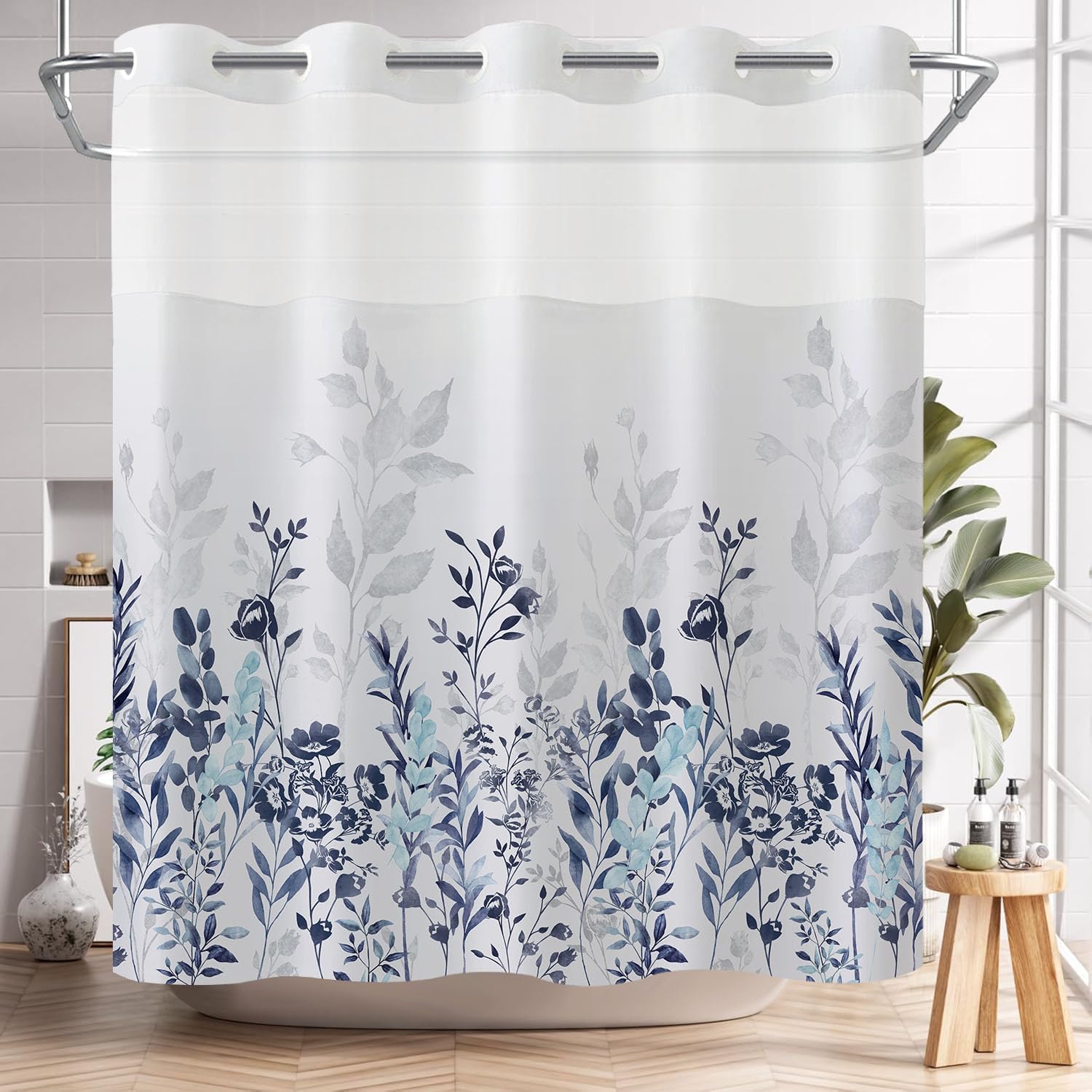 Neasow No Hook Shower Curtain with Snap in Liner, Plant and Flower Curtains with Waterproof Inner Liner for Bathroom, Blue and Grey 72×74 inches