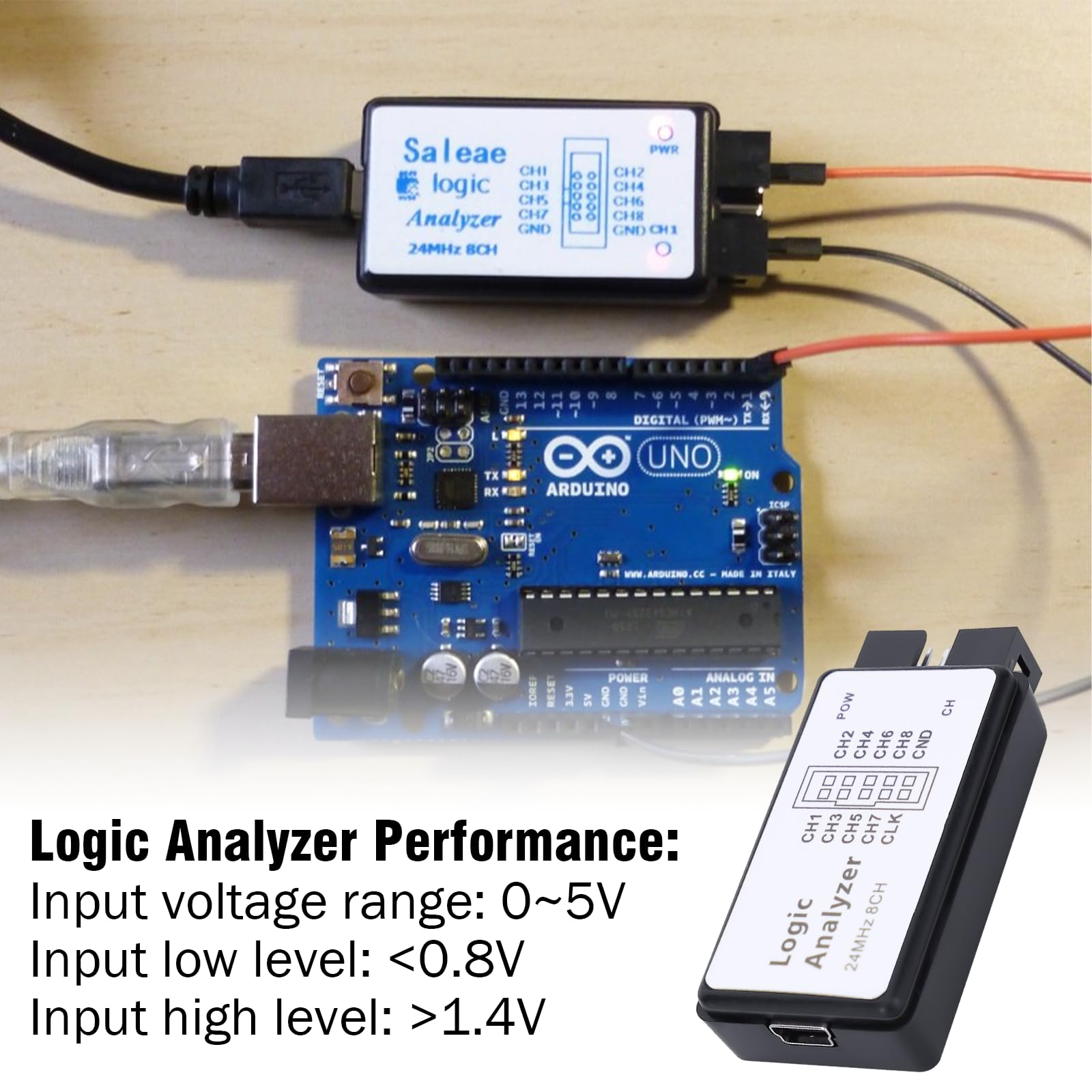 Analizador lógico 8 Canales RUIZHI USB 5PF 100KΩ Logic Analyzer Memoria de Entrada de 8 Canales 24MHz con Cable USB Compatible con Arduino SCM