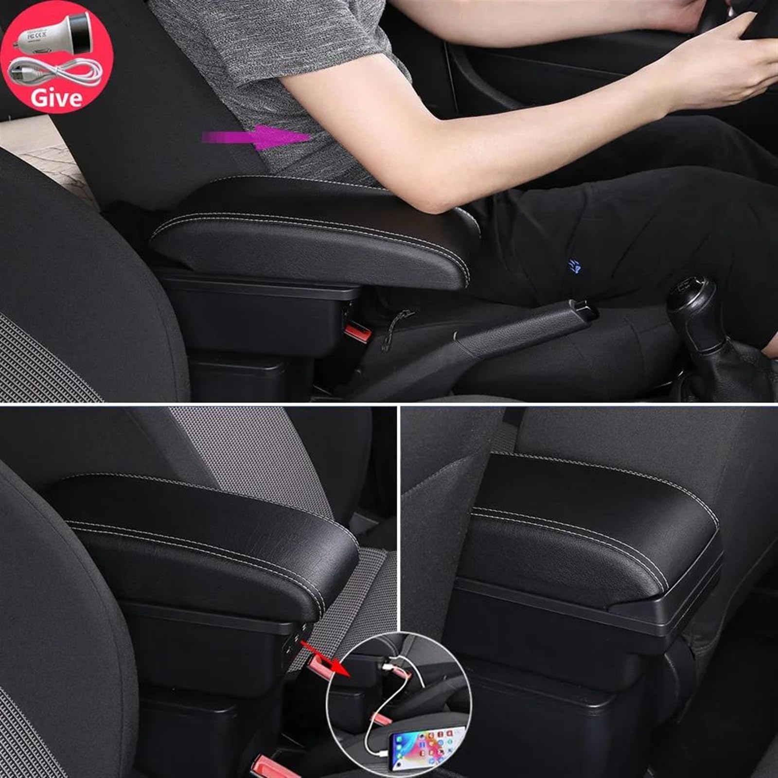 Scatola Bracciolo Con Supporto Multifunzionale Accessori Per La Modifica Degli Interni Dell'auto Imbottiti In PU Per Accento Per Tagaz Consolle centrale(B3 Black white 3USB)