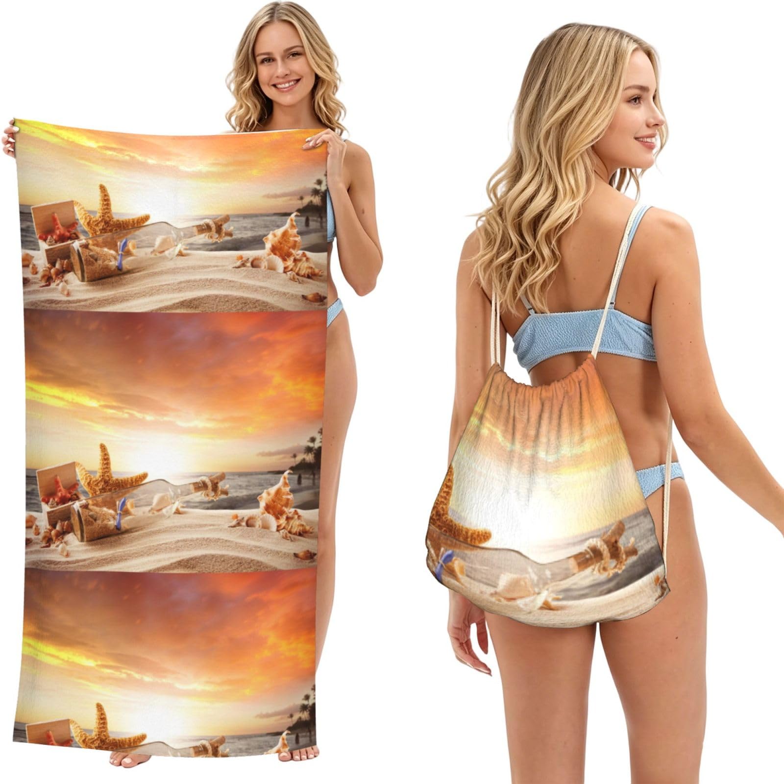 Poadnly As Picture Beach With Seashells Sunset Printed, 2 In 1 Packable Towel Bag, Beach Towels With Drawstring Backpack For Travel Holiday Camping