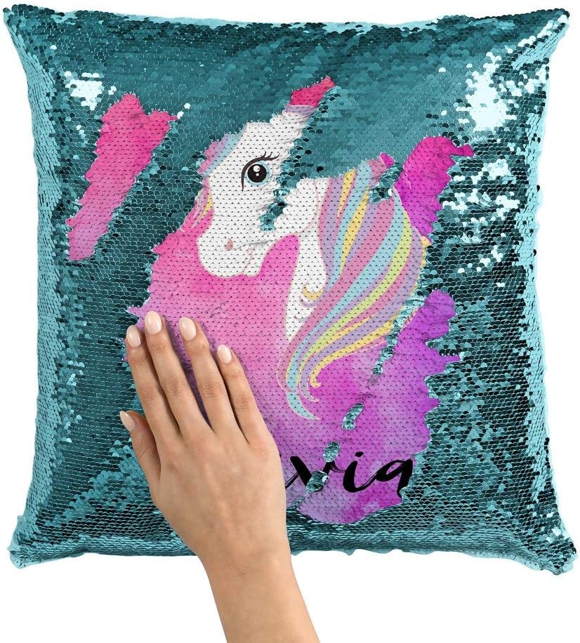 Violet Victoria & Fan Star Personalized Unicorn Sequin Mermaid Flip Pillow Pink Watercolors Red Sequins, Polyester Insert, 16x16 Inches