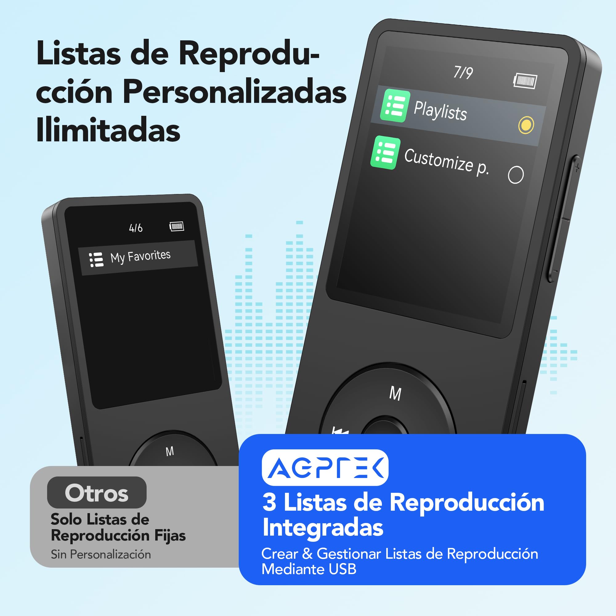 AGPTEK 64GB Reproductor MP3 Bluetooth 5.3,MP3 Player, Reproductor MP3 Deportivo Portátil, 1.8" Pantalla de 70H de Reproducción, MP3 de Niños Radio FM, Externo hasta 128GB(Sin Auriculares) (Negro)