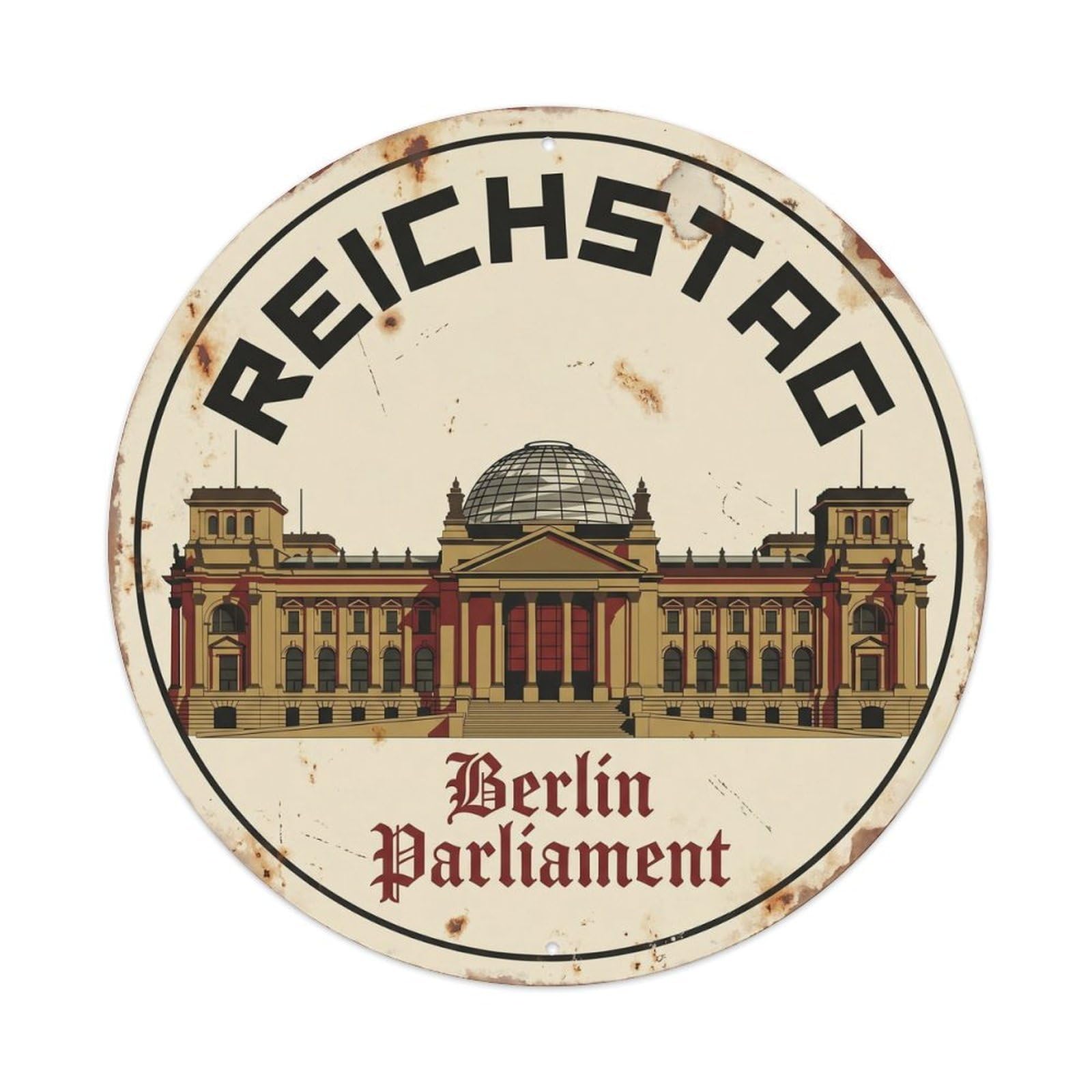 Vintage Travel Reichstag Berlin Germany Metal Tin Sign Plaque Wall Decor for Cafe, Club, Garden Round Metal Poster 8x8Inch