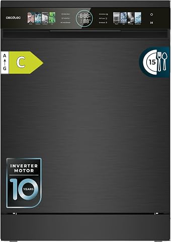Cecotec Bolero Aguazero 6620 Dark C Compact Dishwasher, 60 cm, 1850 W, 15 Place Settings, 8 Programs, Inverter Motor, FullColor XXL Display, Smart Wash, Turbo Dry+, AutoClean, Half Load, Delay Start [Energy Class C]