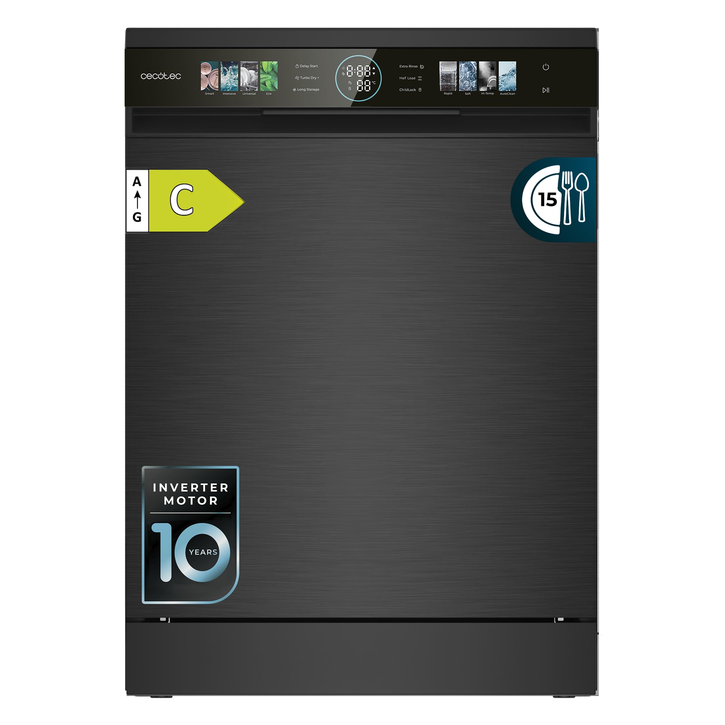 Cecotec Lavavajillas Compacto de 60cm Bolero Aguazero 6620 Dark C, 1850W, 15 Cubiertos, 8 Programas, Motor Inverter, Pantalla FullColor XXL, Smart Wash, Turbo Dry+, AutoClean, Media Carga, Delay Start