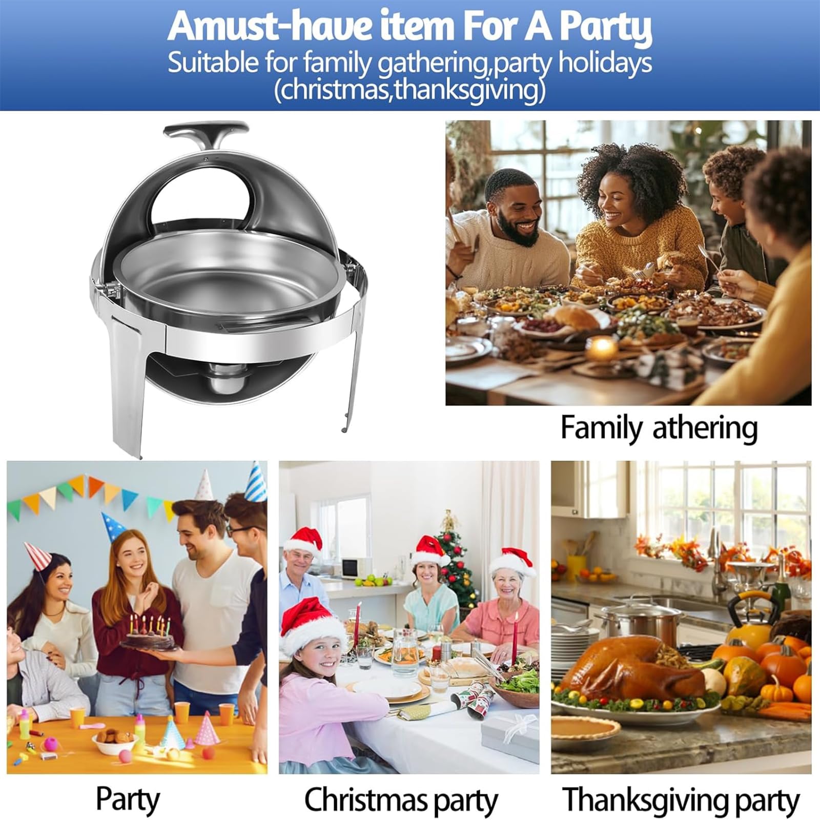 Buffet de plato de frotamiento, calentador eléctrico de alimentos de 6 litros con tapa visible y soportes de combustible, juego de sartenes de acero inoxidable para catering, fiestas, banquetes