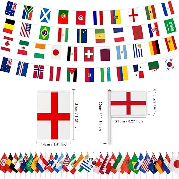 AhfuLife World Cup Flags Bunting and 48 Nations Countries Flags on Sticks for Football Party Decorations, 15m-48pcs Flag Bunting, 48pcs Small Flag on Stick with 30cm Pole for Home Street Decor