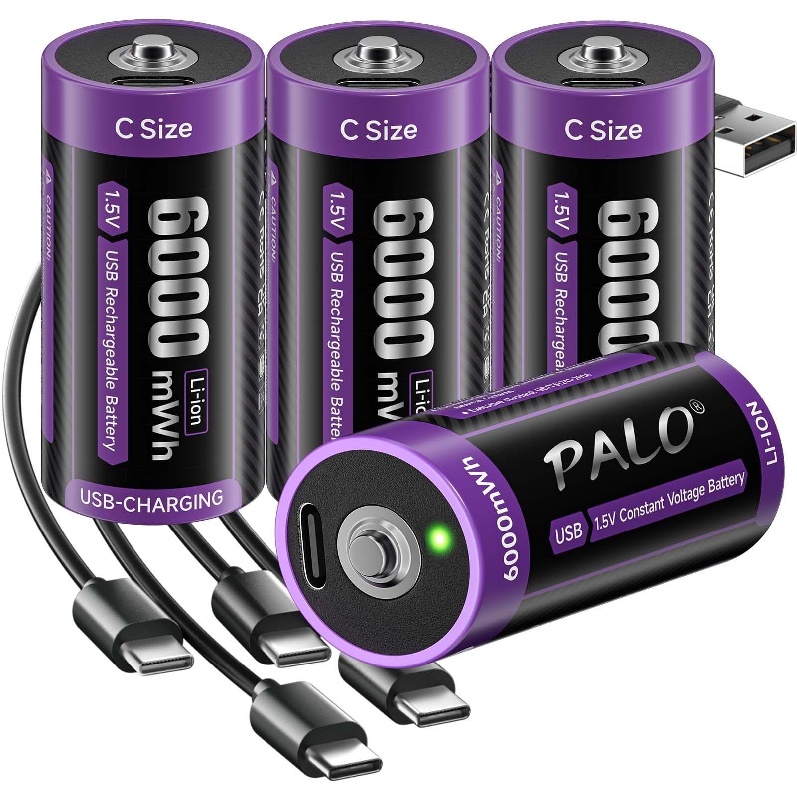 Mspalocell D Cell Rechargeable Batteries 6 Pack,1.5V 8800mAh Rechargeable D Batteries with 4 in 1 USB-C Charging Cable for Flashlights Clocks Tools Toy