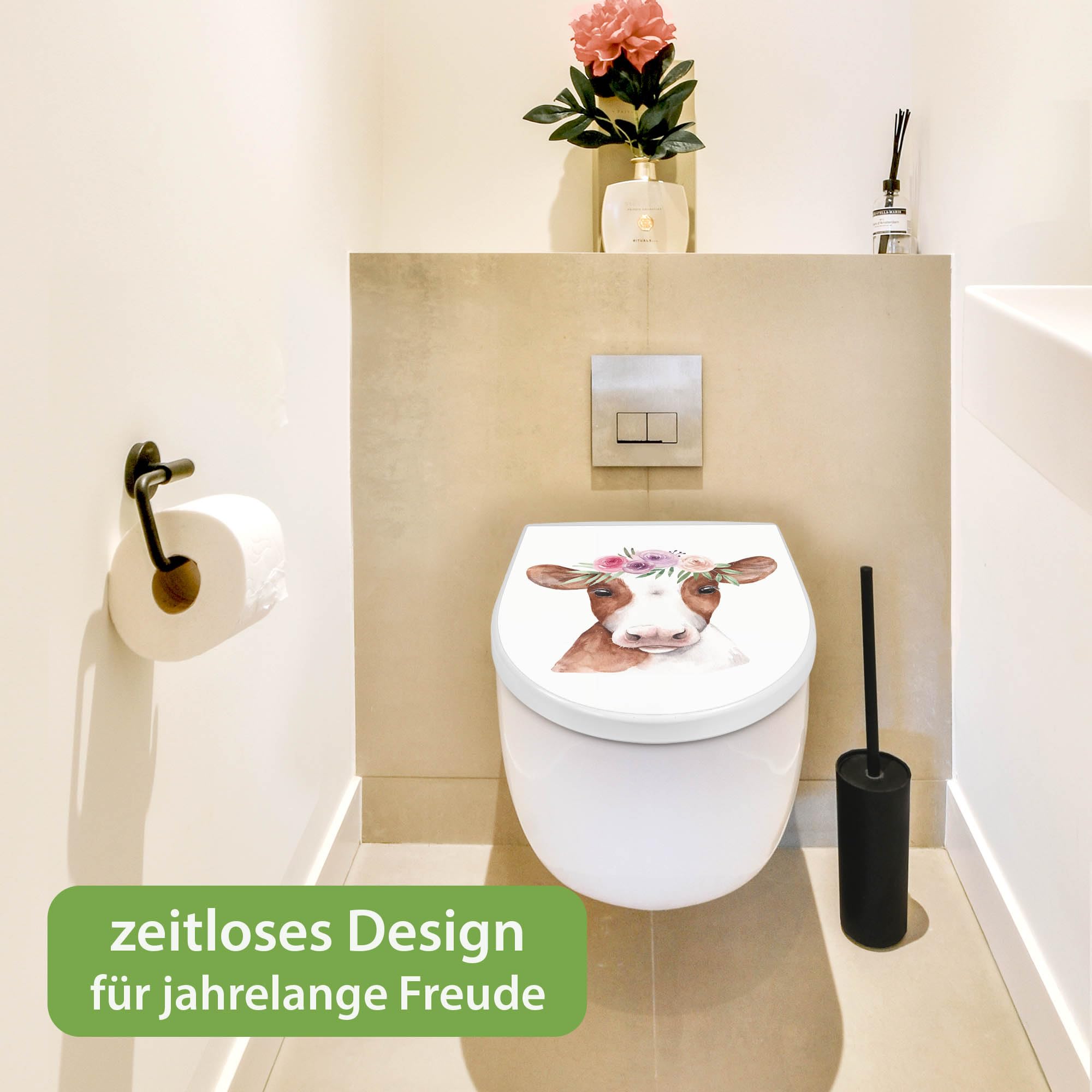 banjado WC Sitz mit Absenkautomatik D Form - Toilettendeckel mit Absenkautomatik D Form - Klodeckel Softclose - stabile Klobrille - Toilettensitz Weiß - Motiv Kuh mit Blumenkrone