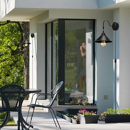 Miniatura 8 de Apliques de pared enchufables, juego de 2 lámparas de pared vintage con interruptor de encendidoapagado, lámpara industrial de metal negro para