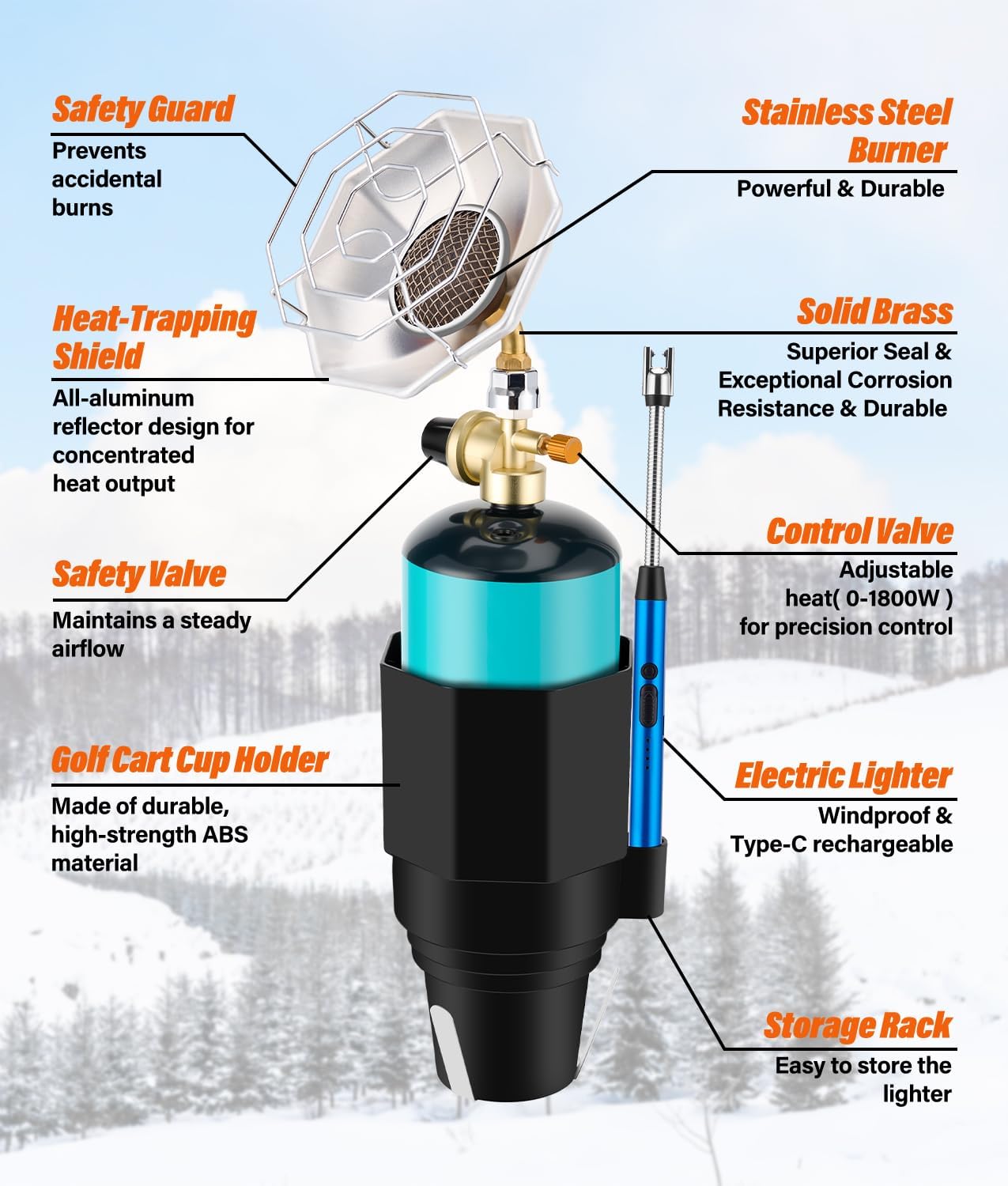 Golf Cart Heater with Cup Holder & Gas Regulator, Portable Propane Heater 6200BTU with Windproof USB Igniter, Outdoor Camping Heaters for Most Golf Carts, EZGO, Yamaha & Club Car(Tank Not Included)