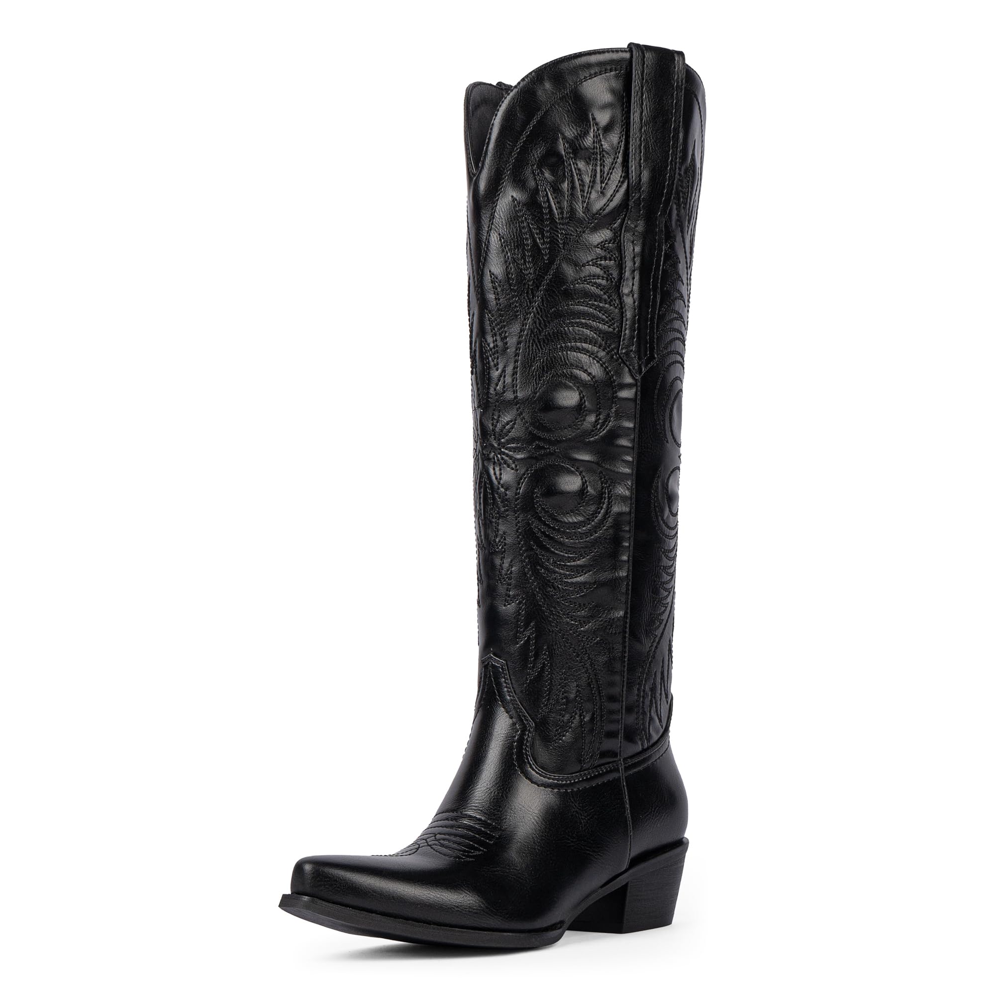 Modatope Cowboy Boots for Women Knee High Cowgirl Boots Embroidered Pointed Toe Chunky Heel Western Boots Pull On