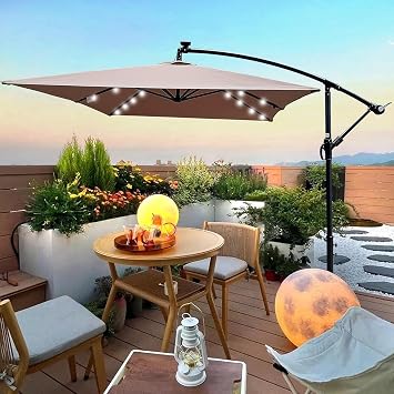 10x6.5FT Patio Umbrella, Outdoor Offset Umbrella with Cross Base and Crank, Rectangular Cantilever Umbrella with Solar Lights, Hanging Market Umbrella with 6 Rids for Pool, Deck, Backyard Mushroom