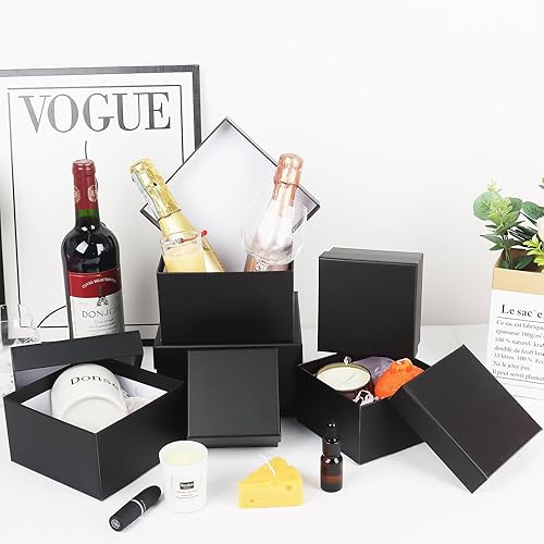 Miniatura 7 de CHARMGIFTBOX Paquete de 6 cajas de regalo grandes con tapas, caja de regalo cuadrada negra de 3.9 a 6.8 pulgadas con cinta de varios tamaños para