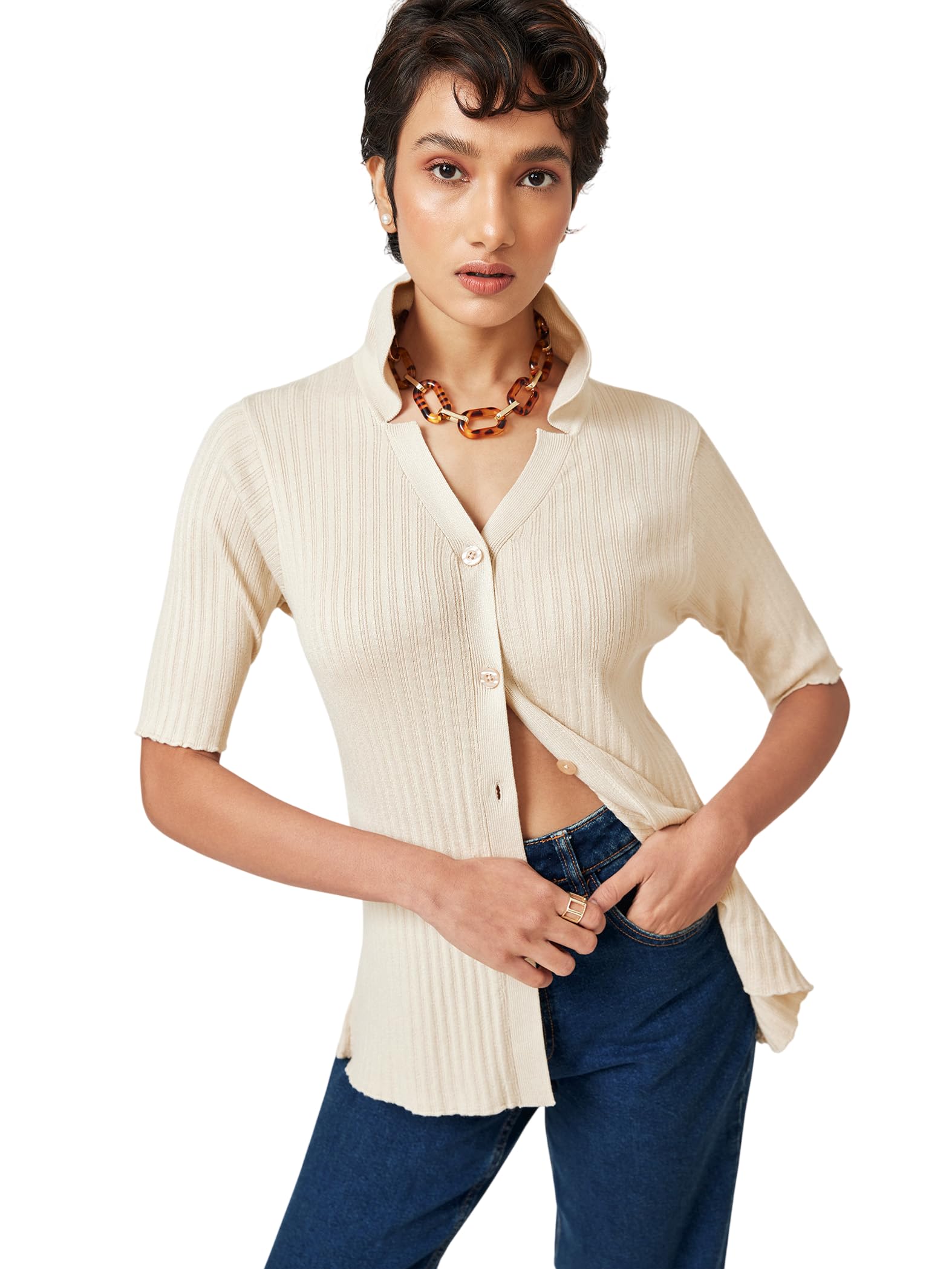 Viscose Nylon Cream Button Down Cardigan-Medium for Women | Stylish Elegant Comfortable Relaxed Fit Solid Plain Western Outfit Cardigan-image-47