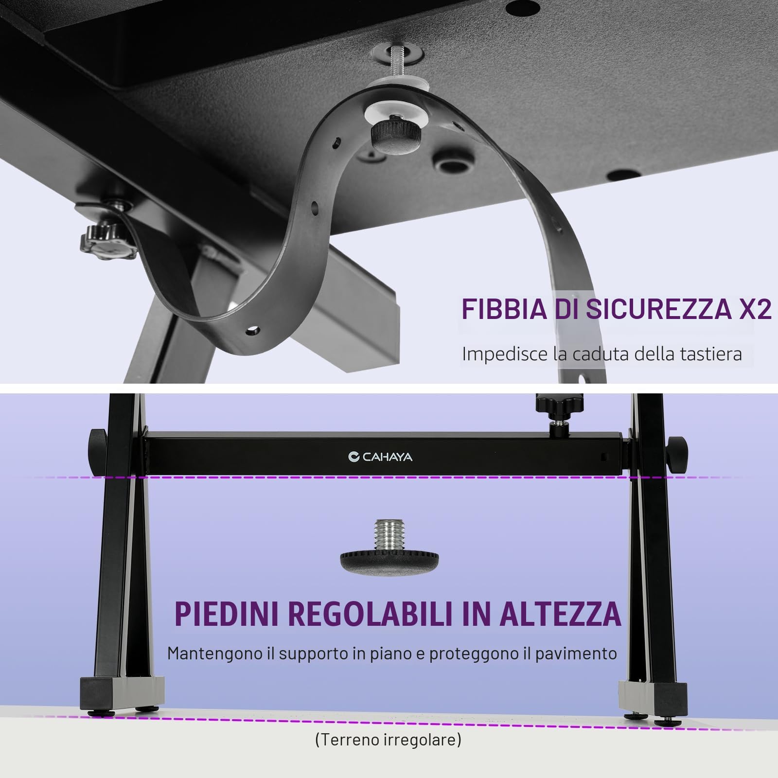 CAHAYA Z-Frame CY00366-1 - Supporto per tastiera, resistente, regolabile in larghezza e altezza, adatto per pianoforte digitale a 66, 76, 88 tasti, con 2 ganci per cuffie