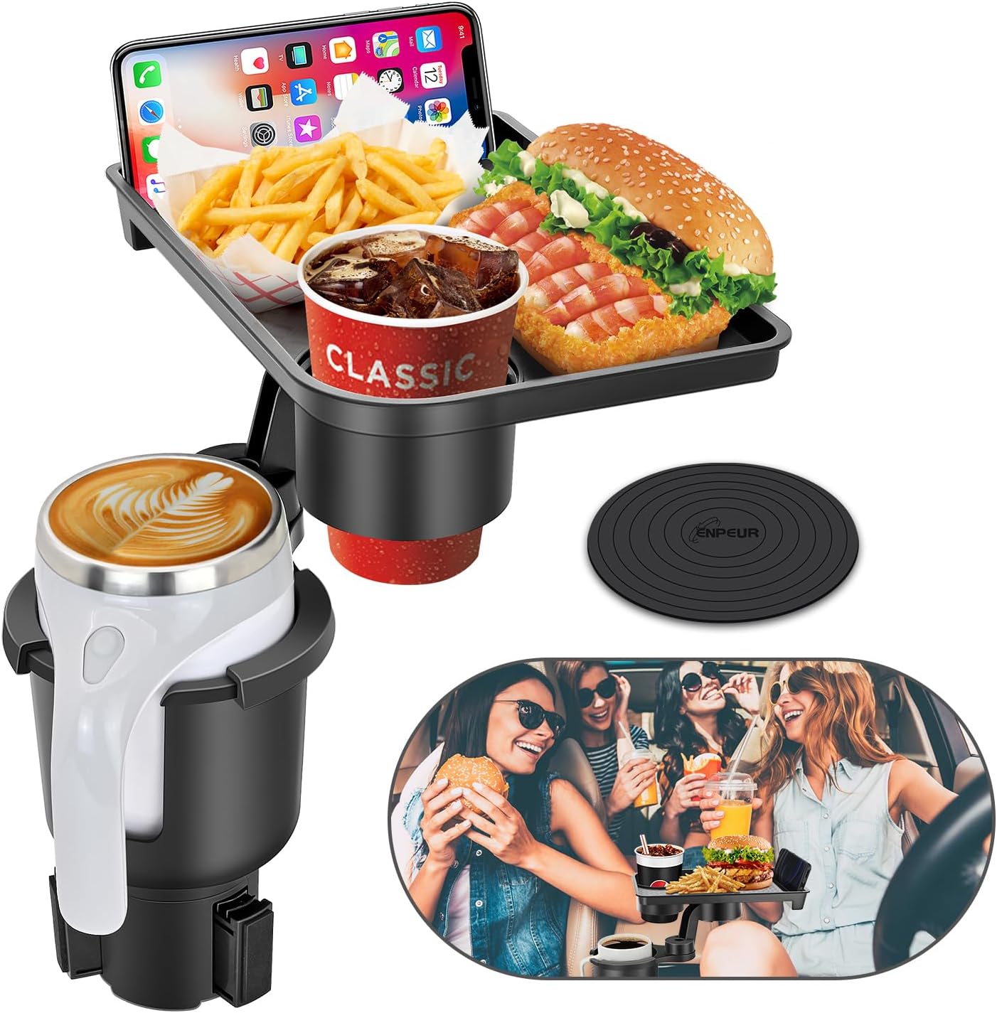 Cup Holder Tray,2 in 1 car Food Holder for Eating, Large