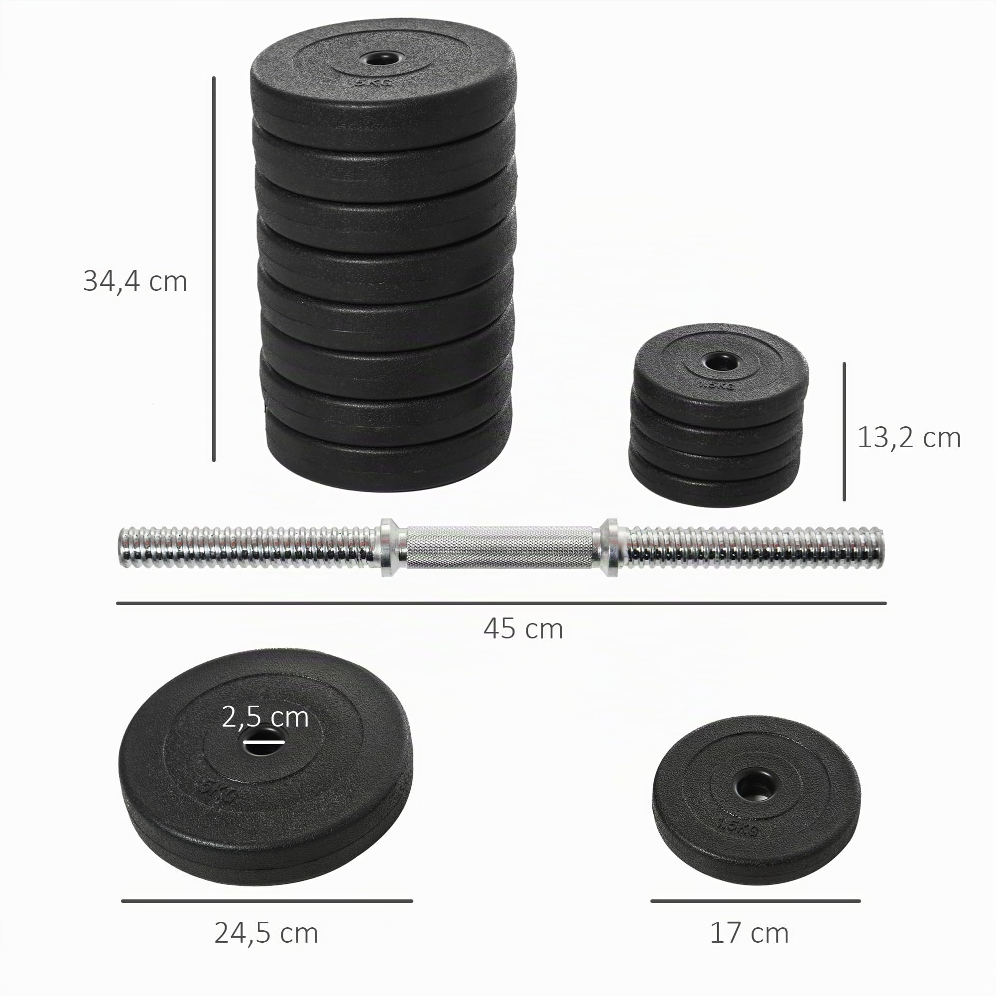 HOMCOM Juego de Mancuernas Ajustables Pesas y Mancuernas 50 kg Negro | 8x5 kg, 4x1,5 kg, 2 Barras para Ejercicio, Entrenamiento en Casa, Gimnasio, Oficina