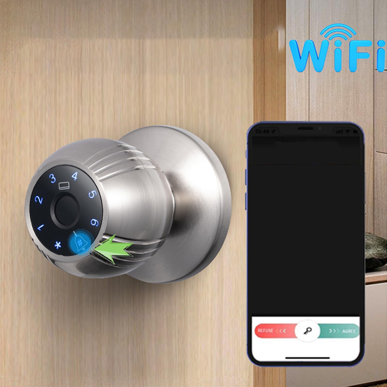 Generic Wi-Fi Inteligentna Klamka do Drzwi z Czytnikiem Linii Papilarnych Elegancki Wygląd 5 w 1 Klucz na kartę z Hasłem do Mieszkania w Sypialni Ze Stopu Aluminium (Pokryty srebrem)
