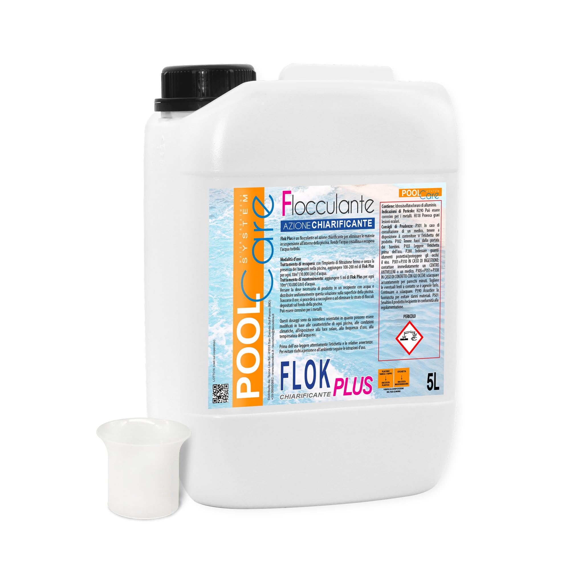 POOL CARE FLOK Plus + Bicchierino Dosatore Graduato - 5 Lt | Flocculante ad Azione Chiarificante per un 'Acqua Chiara e Cristallina, per Piscina