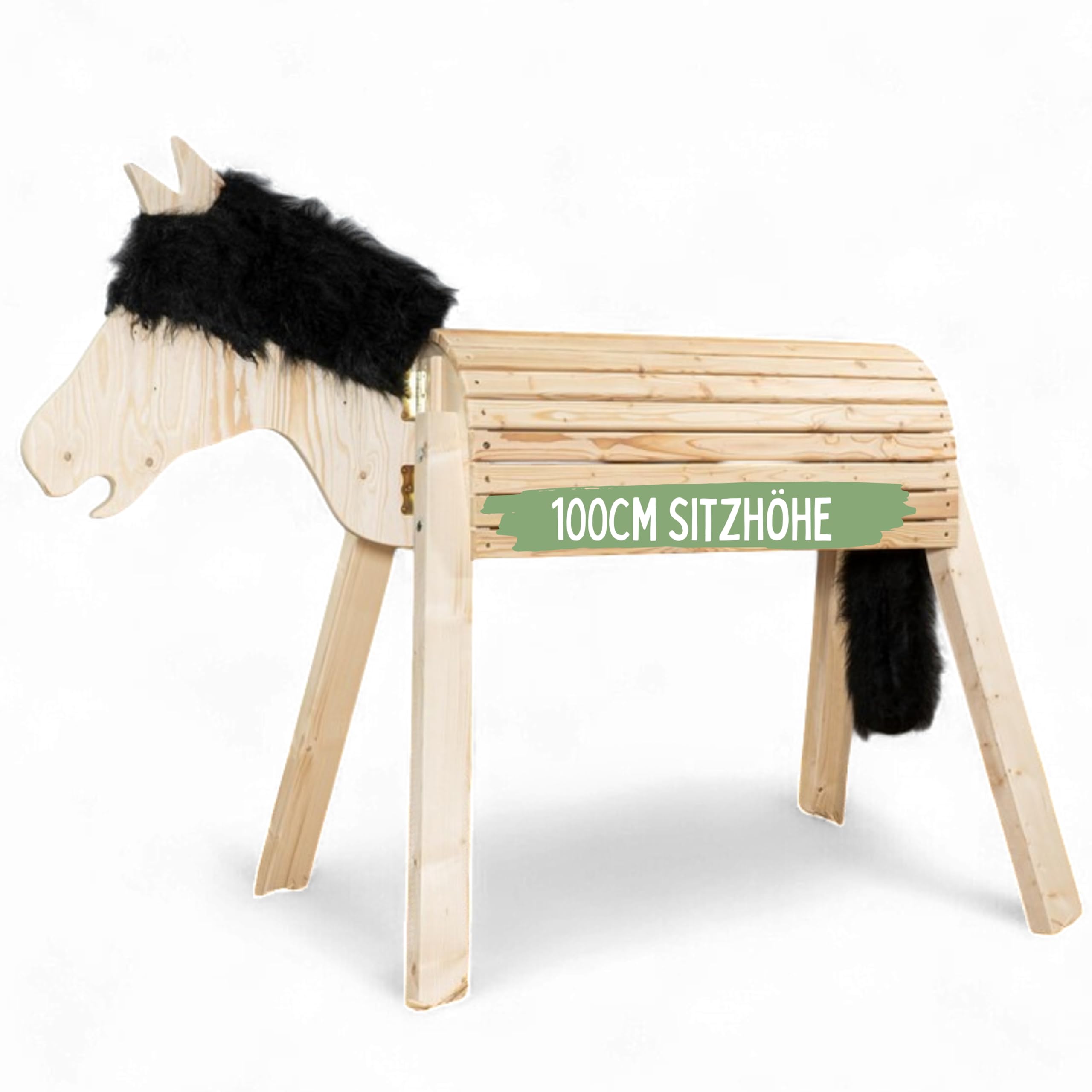 Mia Natur 100cm für draußen Reitpferd Garten Voltigierbock für Kinder, Stehpferd groß, Gartenpferd hangefertigt aus Deutschland, Voltigierpferd Holzpony mit Mähne