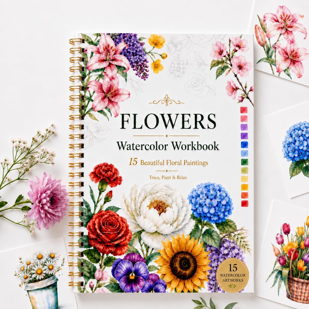 Watercolor Workbook for Beginners, 15 Beautiful Designs on 300gsm Cold Press Cotton Paper, Relaxing & Easy to Paint Water Coloring Book for Adults Teens, Gift to Spark Creativity & Relieve Stress