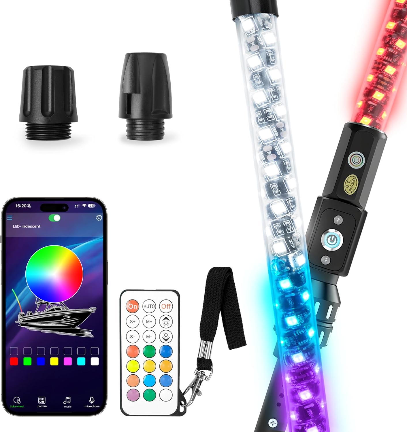 3FT Boat Navigation Lights with 2NM Bright High Visibility, Waterproof Nav Lights with App & Remote Control, DIY Colors & 400+ Patterns, Led Whip Light Pole Anchor Running Stern kit for Boats