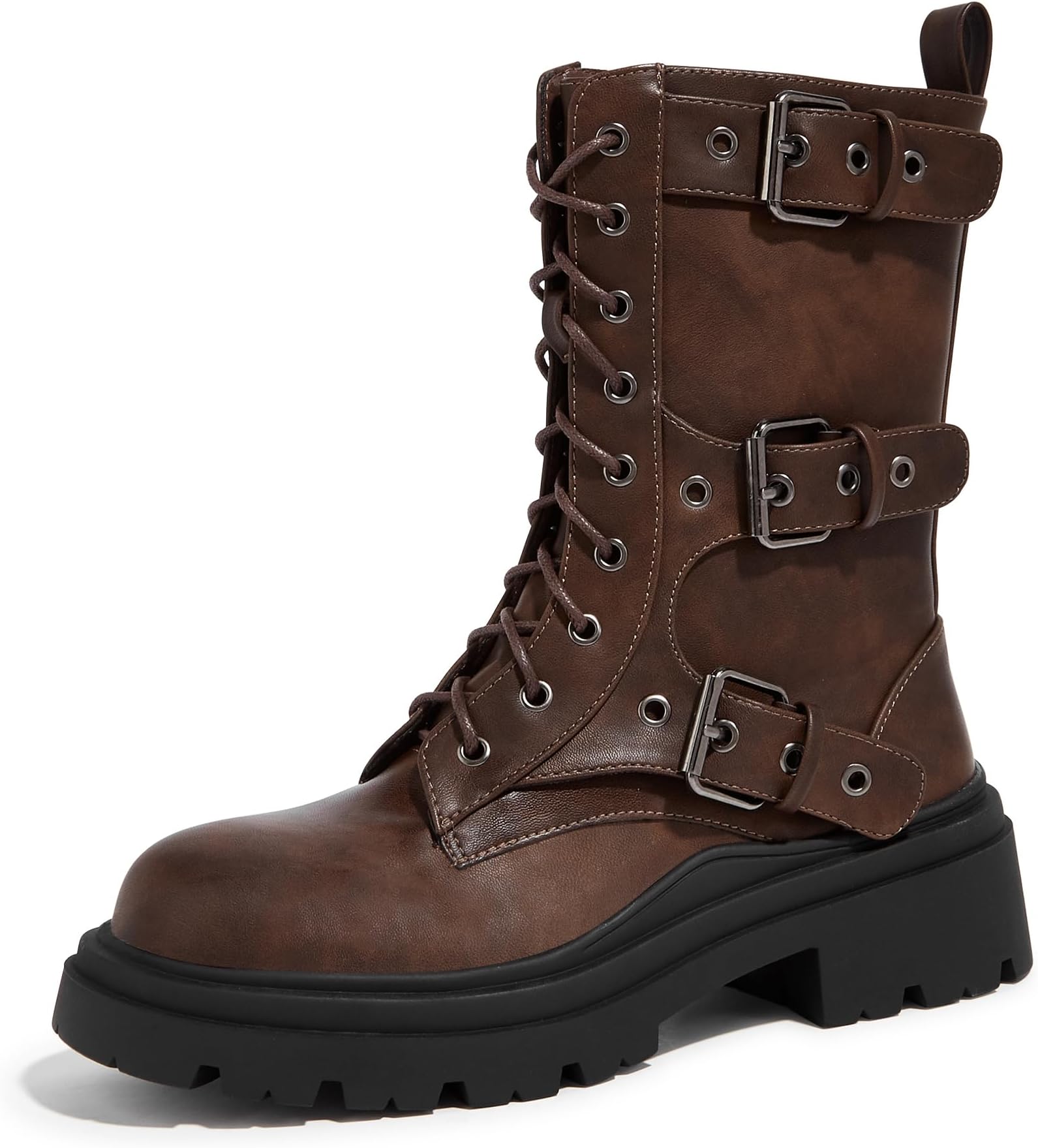 Women's Combat Boots-Platform Chunky Mid Calf Boots Ankle Booties Motorcycle Side Zipper Buckles Goth Booties