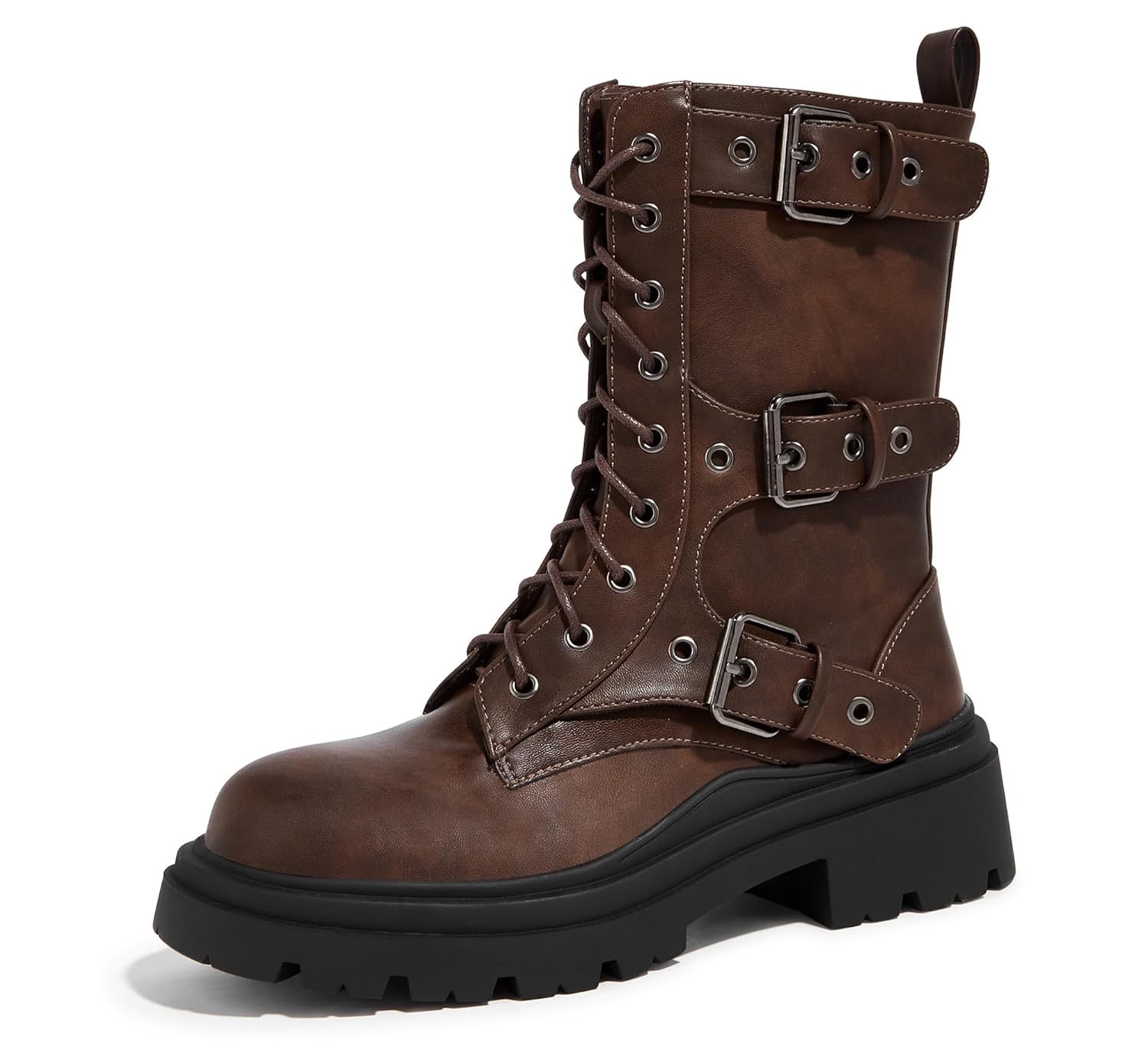LUCKY STEP Womens Combat Boots-Platform Chunky Mid Calf Boots Ankle Booties Motorcycle Side Zipper Buckles Goth Booties