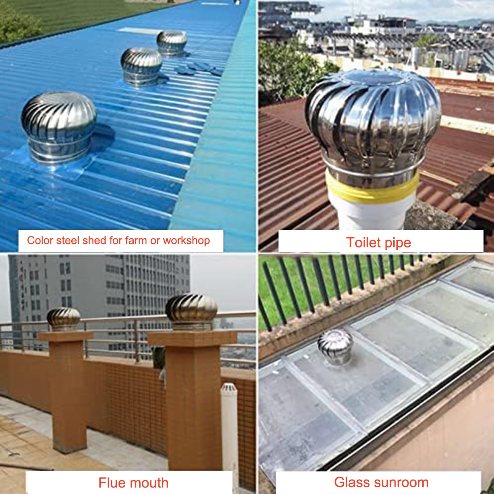 Sombrerete de Chimenea, sombrerete de Techo contra Lluvia, sombrerete de Acero Inoxidable para Ventilador de turbina rotativa, sombrerete Giratorio Anti-Corriente descendente, para Tejas de