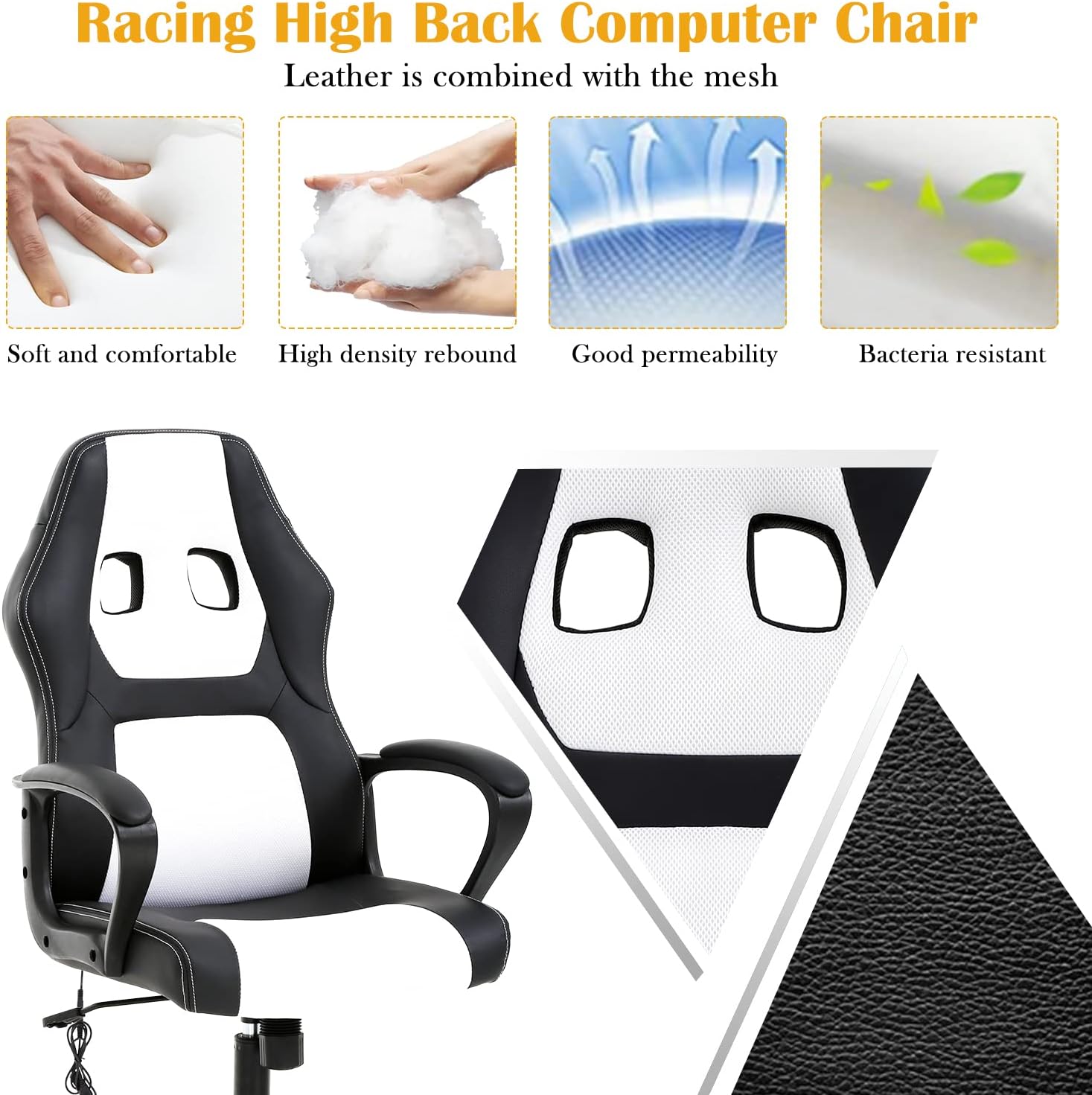 Gaming Chair Ergonomic Office Chair, High Back Racing Desk Chair with Lumbar Support Armrest, Adjustable Massage Reclining Computer Chair PU Leather Executive Task Rolling Swivel Chair for Adults