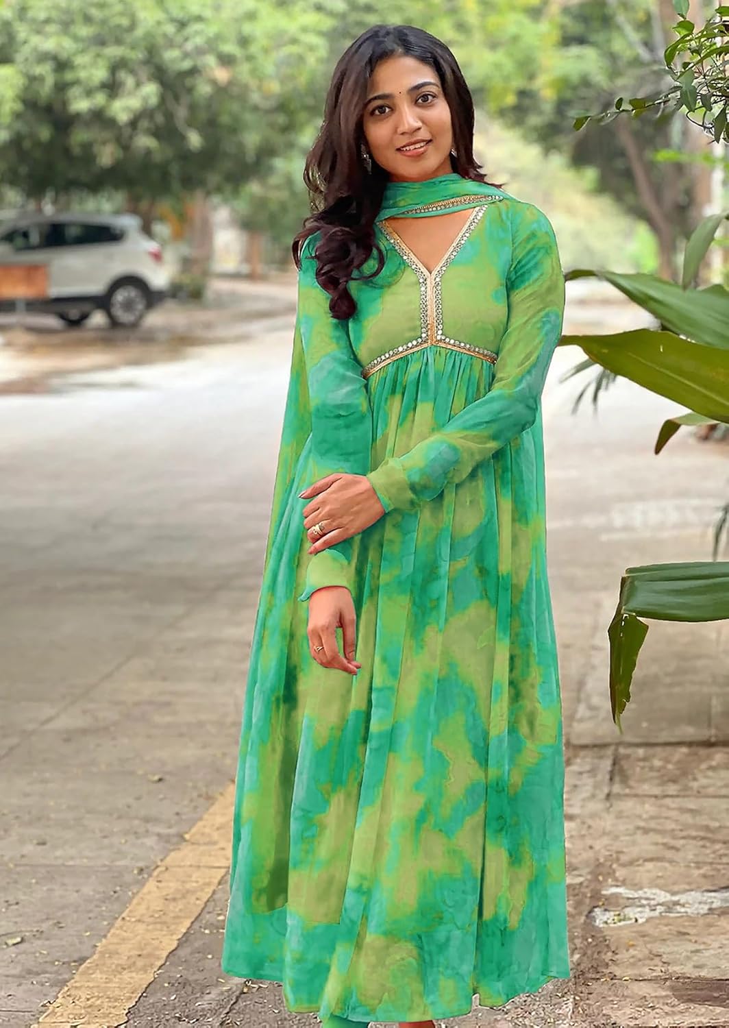 FIBREZA Anarkali Georgette Printed Gown with Dupatta, Long Sleeve Flared Dress FIBREZA Anarkali Georgette Printed Gown with Dupatta, Long Sleeve Flared Dress