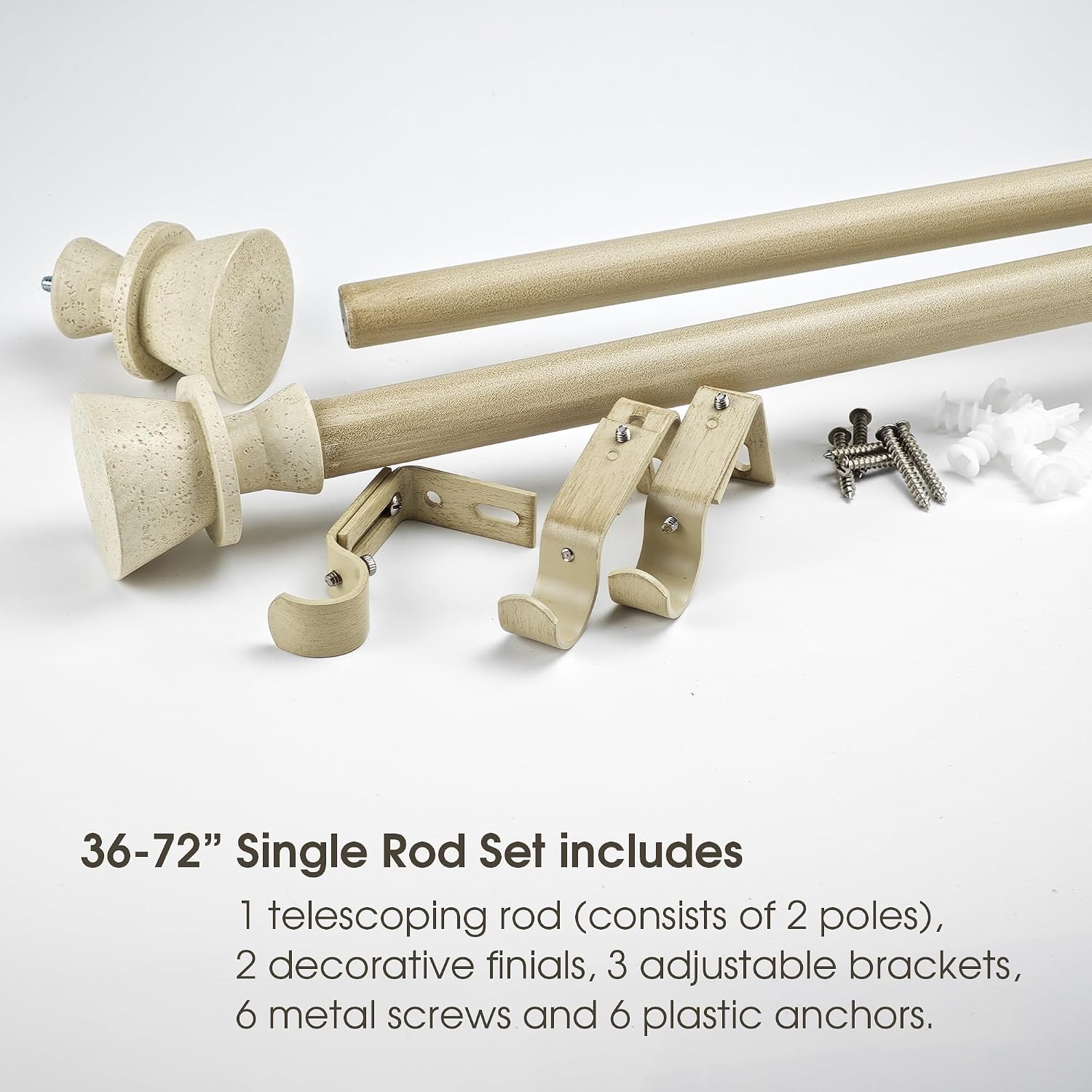 1 Inch Single Curtain Rods 36 to 72 Inches Adjustable Drapery Rods for Window width 24 to 68 Inches, Faux Travertine Finials, Beige Metal Rods