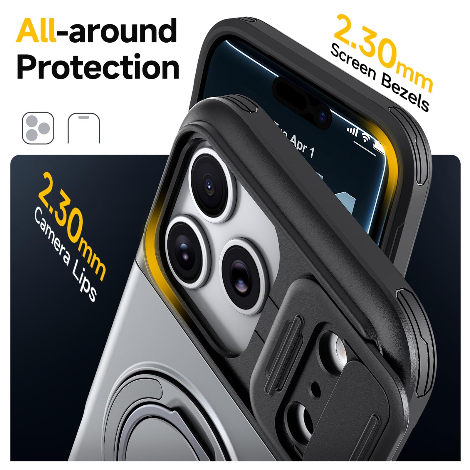 Generico Custodia Con Cavalletto For IPhone 17/17Air/17Pro/17Pro Max, Slot For Schede Integrato, Copertura Protettiva Completa For Obiettivo Scorrevole, Supporto Ad Anello Regolabile(Gray,17 Air)