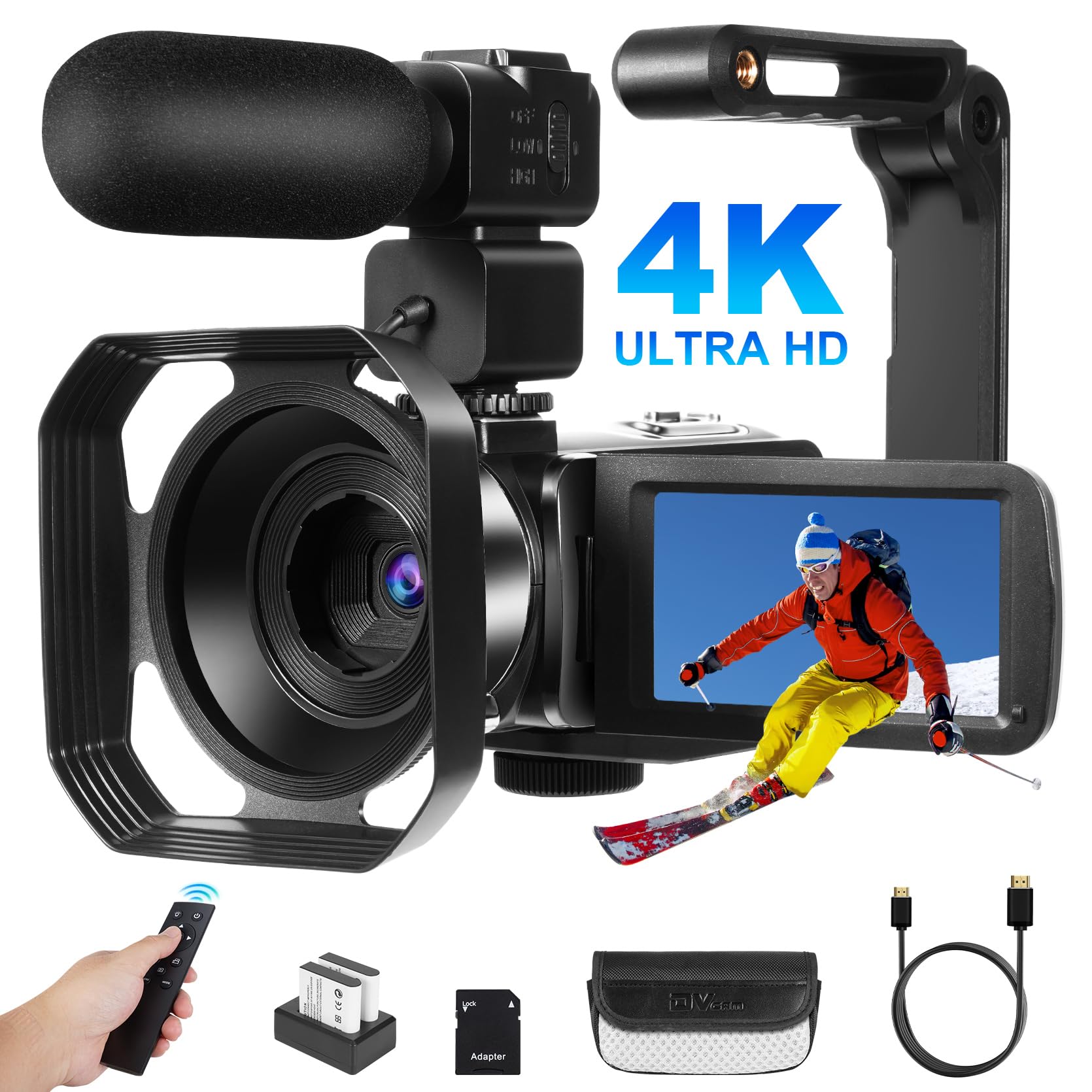 LAMA 4K Camcorder, Video Camera 48MP IR Night Vision Vlogging Camera 18X Zoom WiFi Digital Recorder with 64GB SD Card, Microphone, Handheld Stabilizer, Lens Hood, Remote, 2 Batteries, Charger Slot