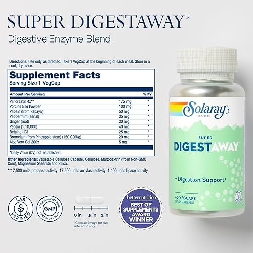 Miniatura 8 de Solaray Super Digestaway - Mezcla de enzimas digestivas  Digestión saludable y absorción de proteínas grasas y carbohidratos  Verificado en