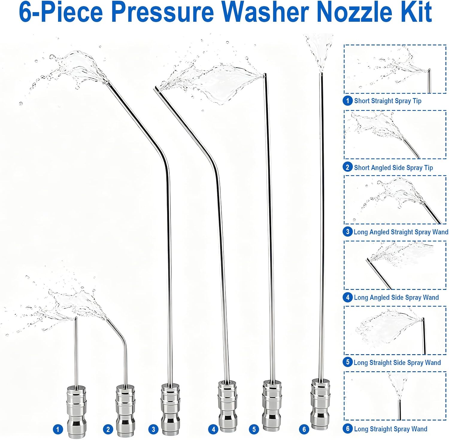 High-Pressure Washer Nozzle Kit - 6 Pack Stainless Steel Flush Wand Extension Spray Tips with Quick Connect for Washing Machines, AC Coils, Water Heaters, and Appliance Cleaning