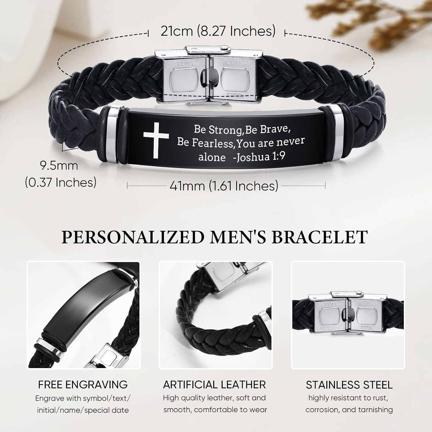 Leather Bracelet Sobriety Gifts for Men : Inspirational Quote/Bible Verse Engraved Braided Black Mens Bracelet for Him, Customized Religious Christian Gift Jewelry for Son/Dad/Boys/Boyfriend/Husband