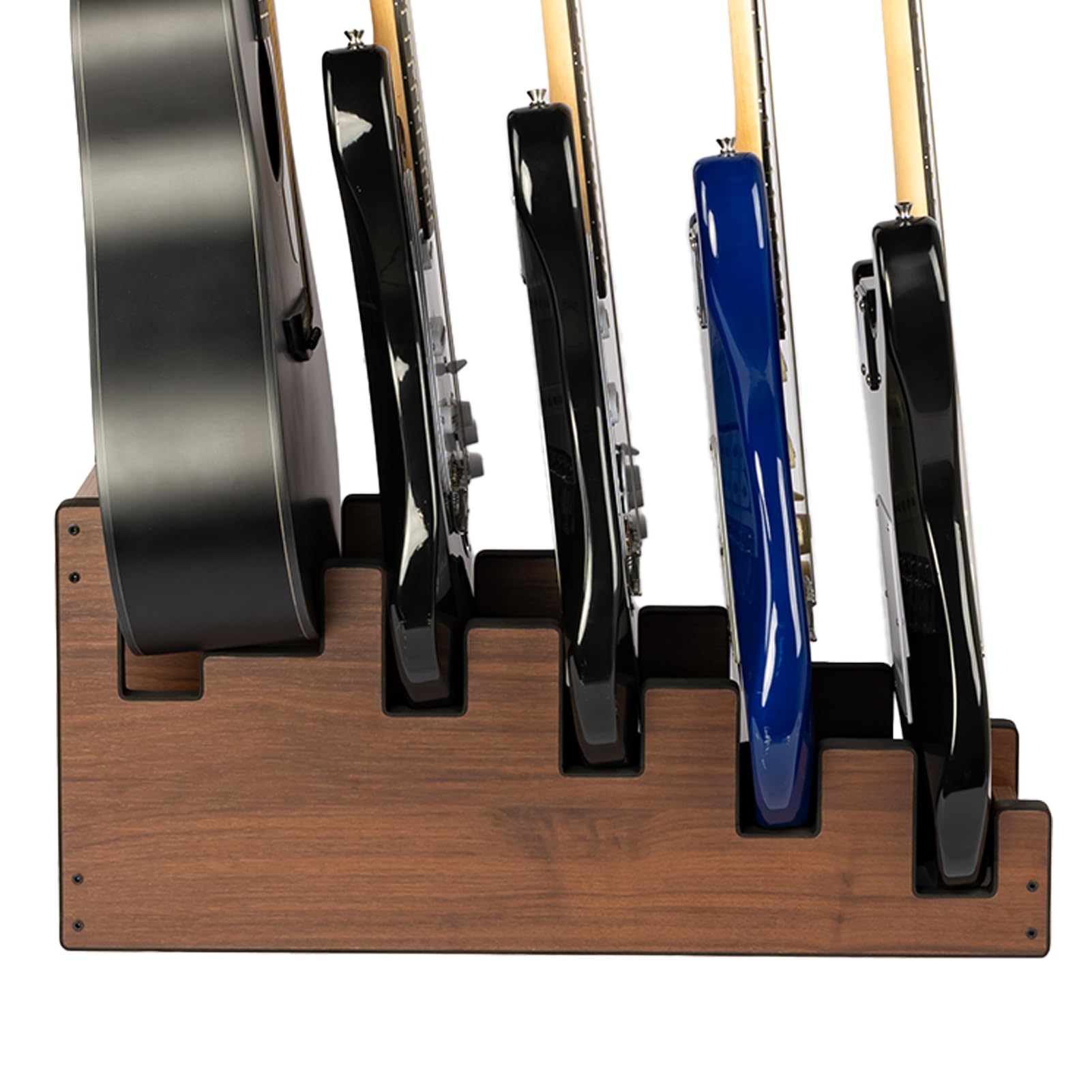 STRICH L-4E1AW Gitarrenständer aus Holz für mehrere Gitarren, 5 Halter, Front-Display, platzsparender Boden-Gitarrenständer für Zuhause, Studio, Bühne, Walnussholz, L-4E1AW (für 4 elektrische + 1